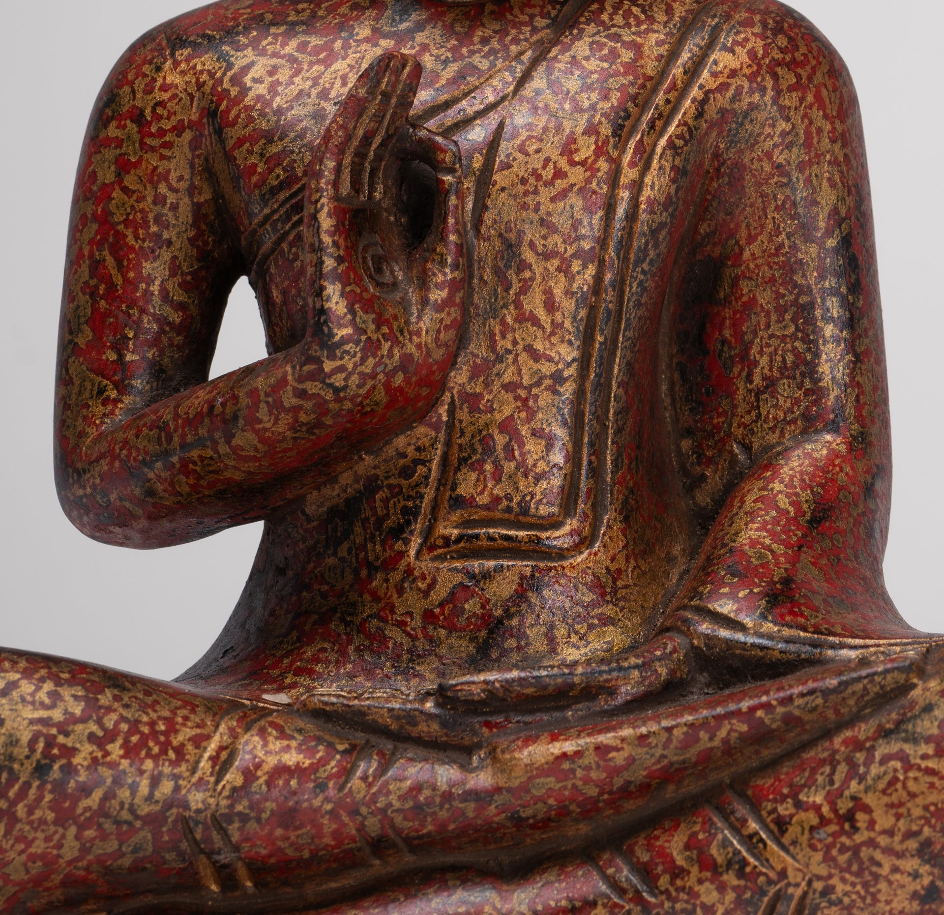 Buddha Statue - Antique Khmer Style Cambodia Seated Wood Buddha Statue Teaching Mudra - 27cm/11"