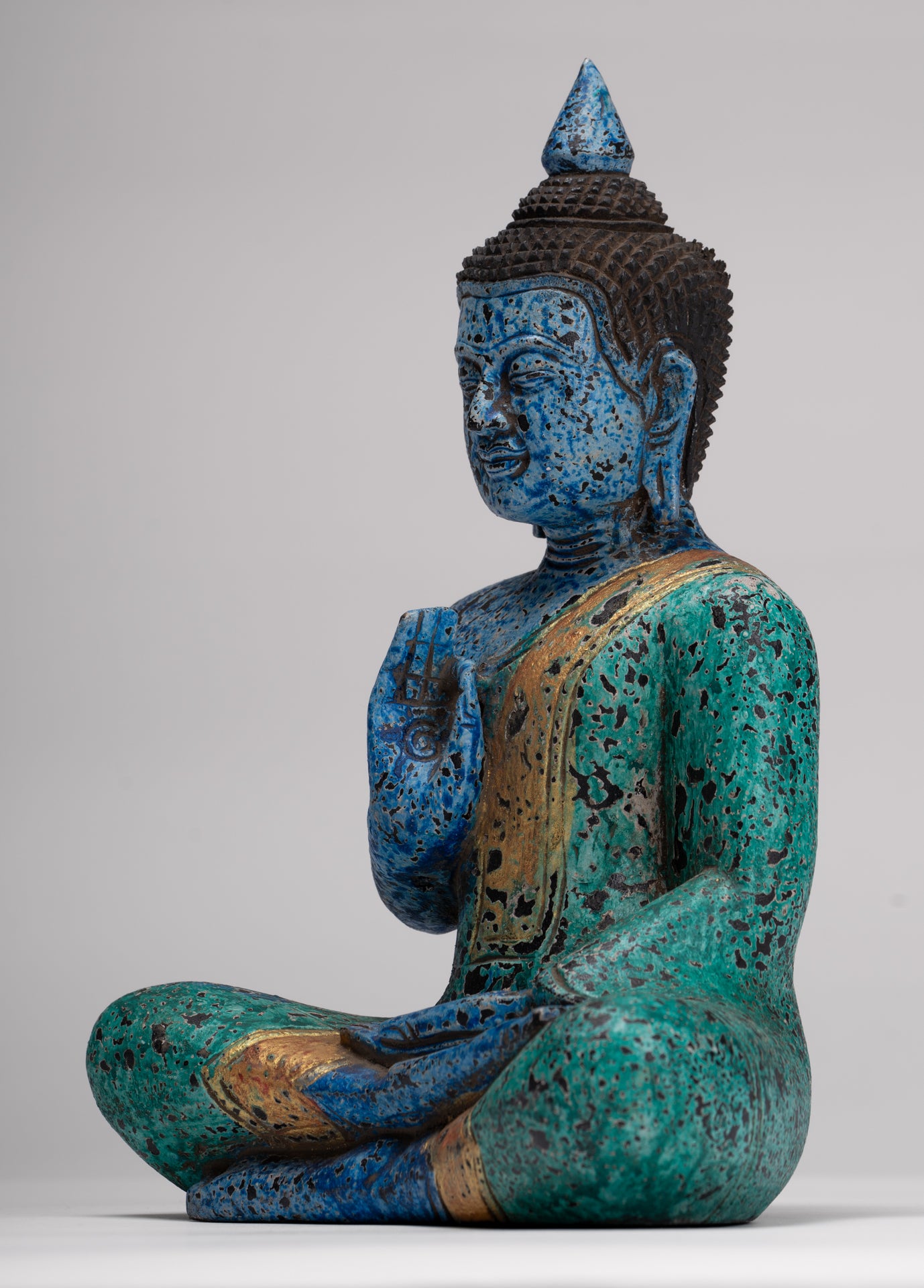 Buddha Statue - Antique Khmer Style Cambodia Seated Wood Buddha Statue Teaching Mudra - 27cm/11"