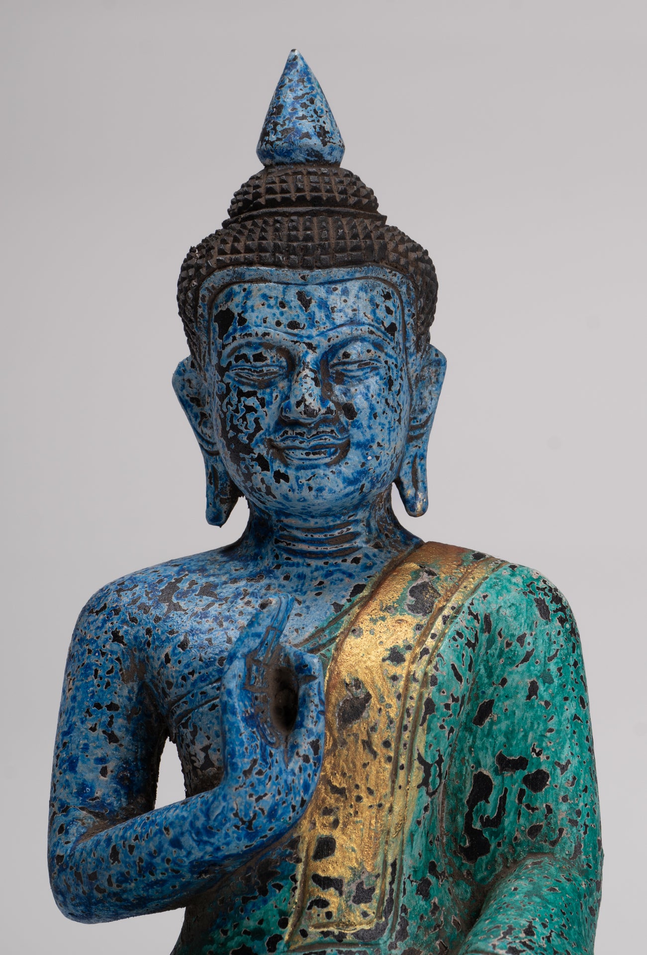 Buddha Statue - Antique Khmer Style Cambodia Seated Wood Buddha Statue Teaching Mudra - 27cm/11"