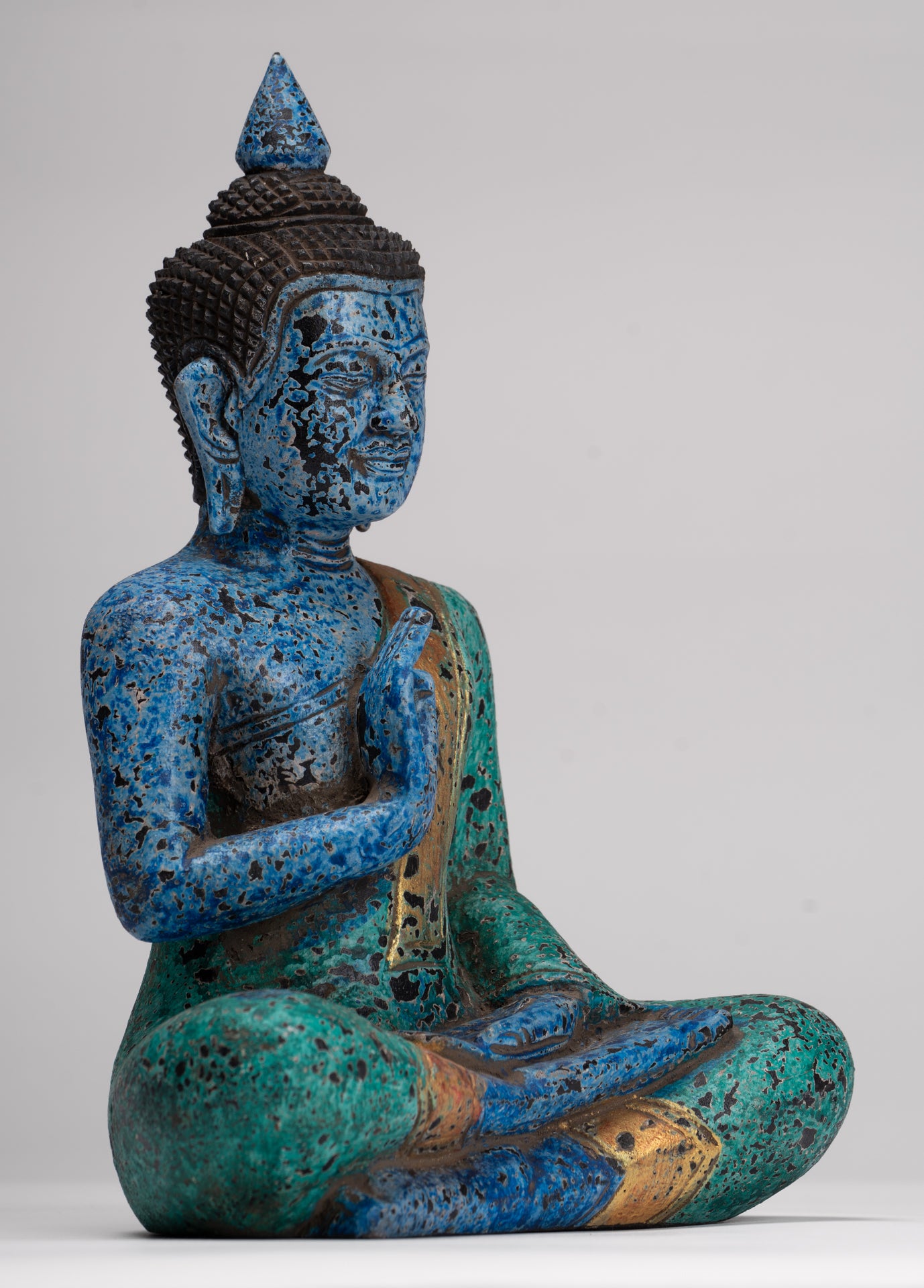 Buddha Statue - Antique Khmer Style Cambodia Seated Wood Buddha Statue Teaching Mudra - 27cm/11"