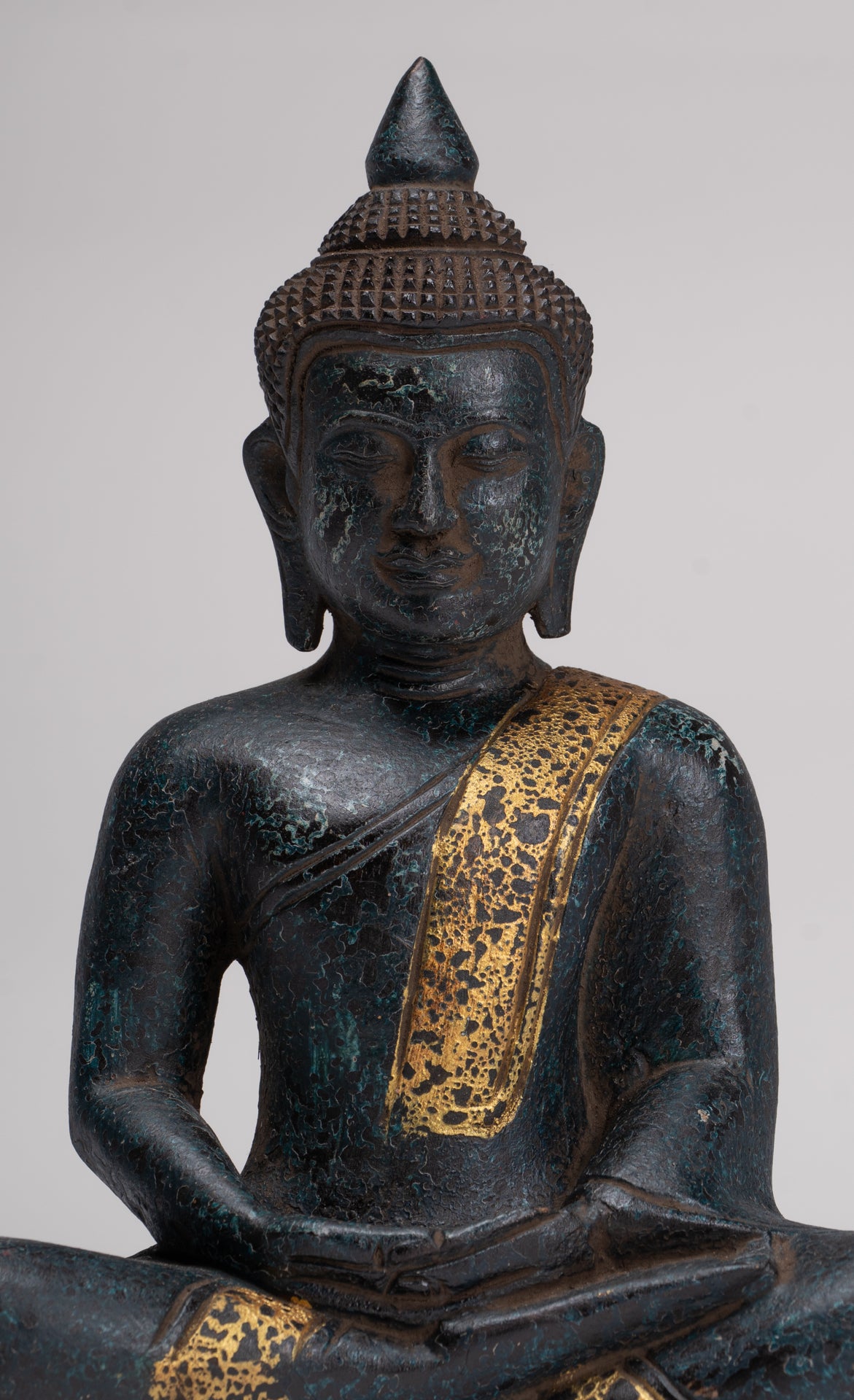 Buddha Sculpture - Antique Khmer Style Wood Seated Buddha Statue Dhyana Meditation Mudra - 27cm/11"