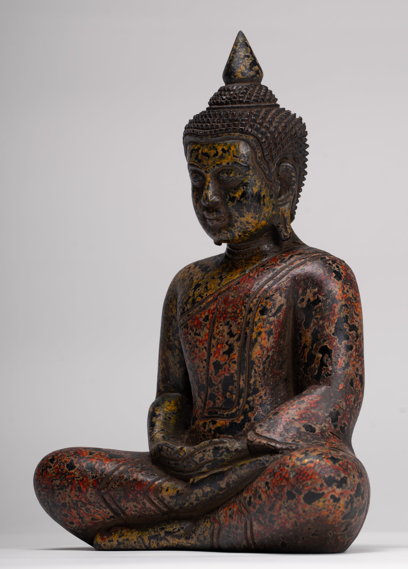 Buddha Sculpture - Antique Khmer Style Wood Seated Buddha Statue Dhyana Meditation Mudra - 26cm/10"