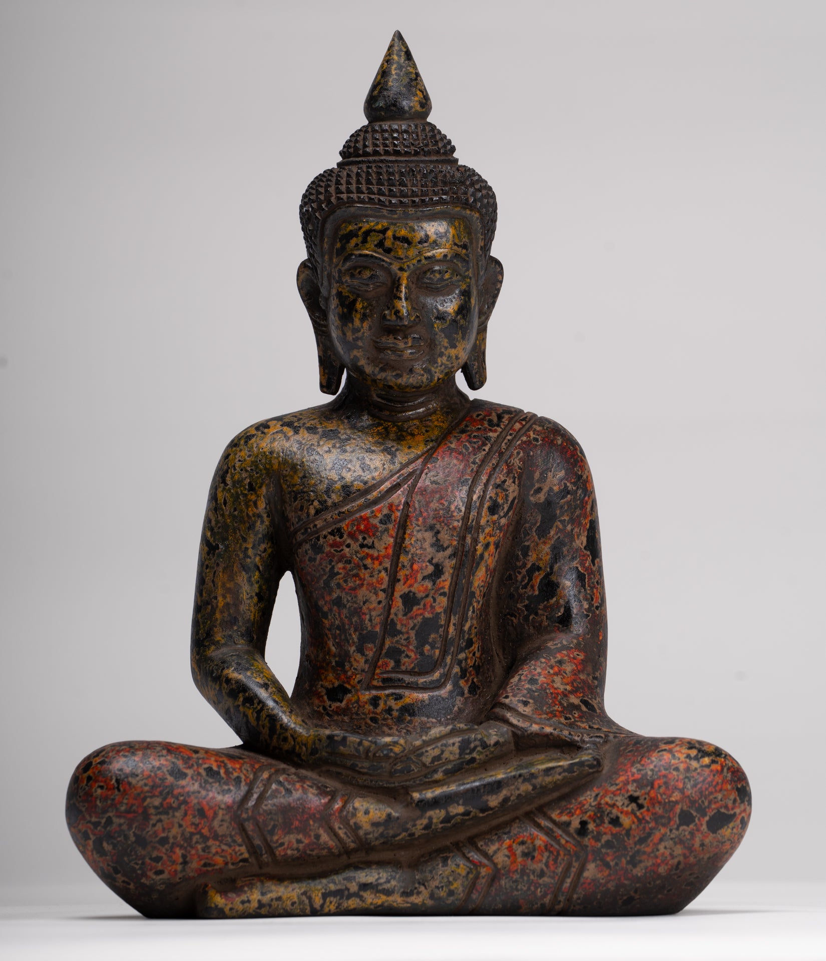 Buddha Sculpture - Antique Khmer Style Wood Seated Buddha Statue Dhyana Meditation Mudra - 26cm/10"