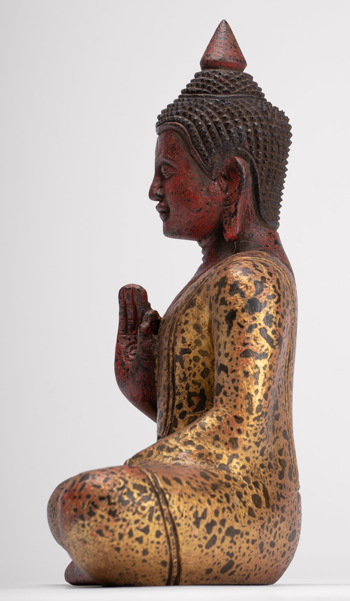 Buddha Statue - Antique Khmer Style Cambodia Seated Wood Buddha Statue Teaching Mudra - 26cm/10"