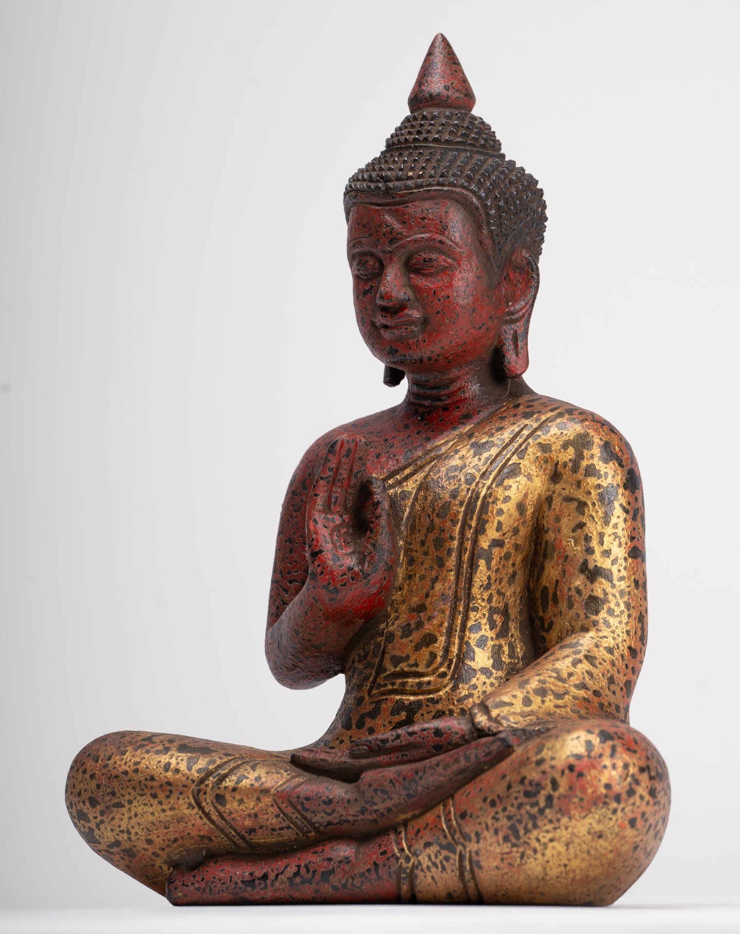 Buddha Statue - Antique Khmer Style Cambodia Seated Wood Buddha Statue Teaching Mudra - 26cm/10"
