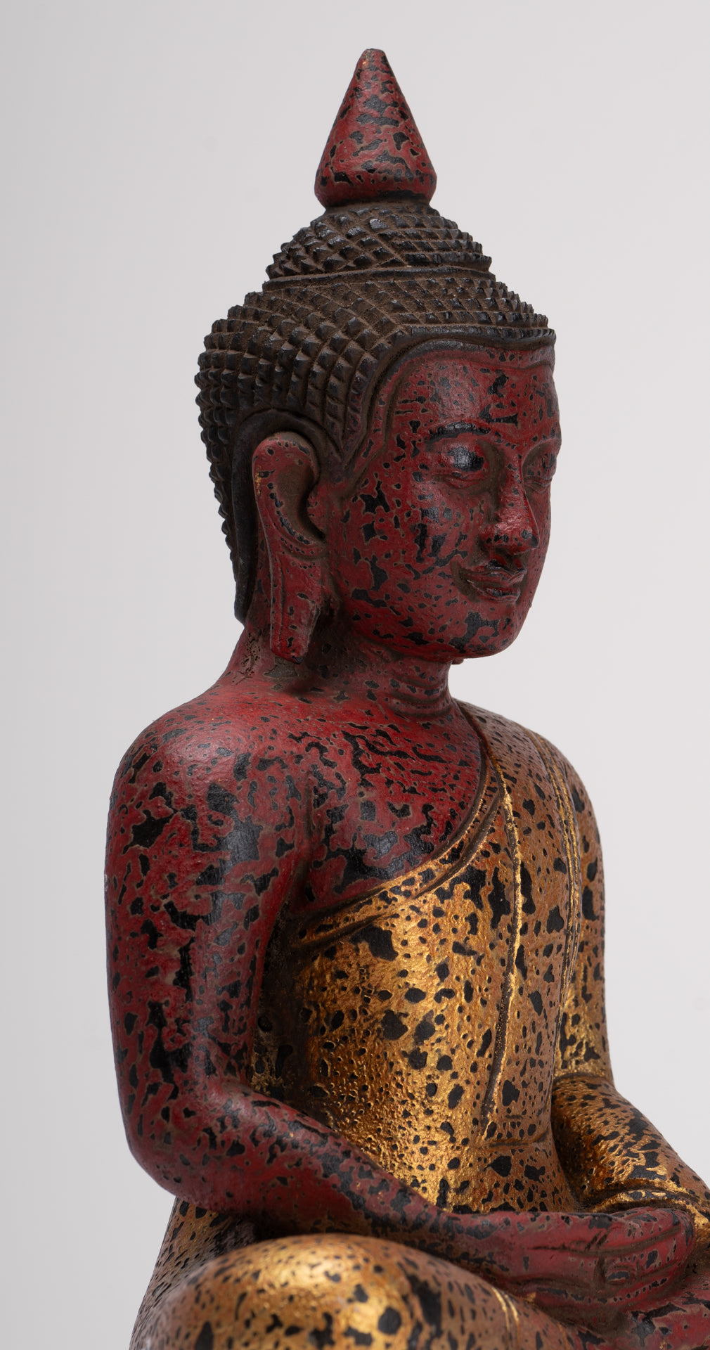 Buddha Sculpture - Antique Khmer Style Wood Seated Buddha Statue Dhyana Meditation Mudra - 27cm/11"