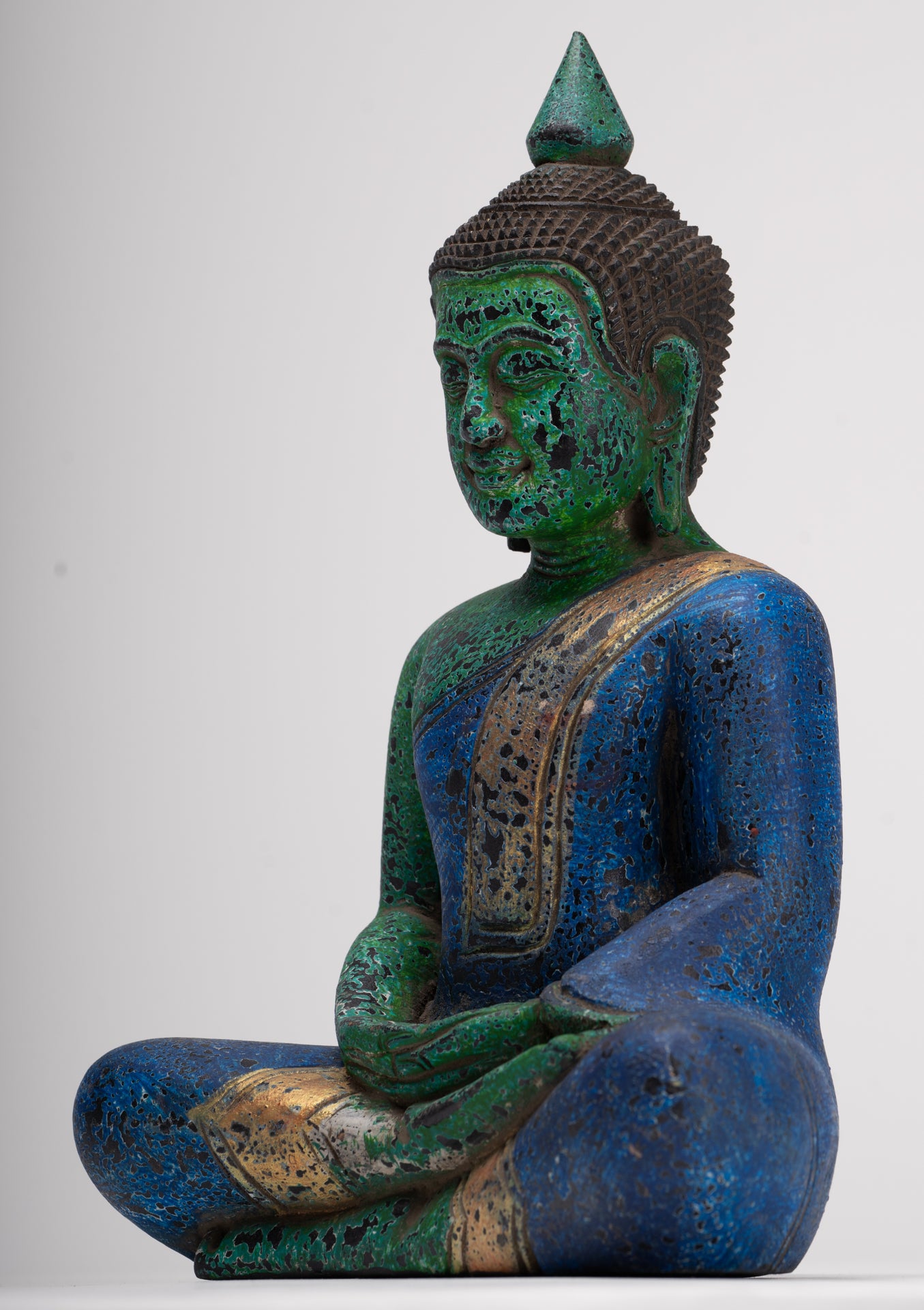 Buddha Sculpture - Antique Khmer Style Wood Seated Buddha Statue Dhyana Meditation Mudra - 28cm/11"