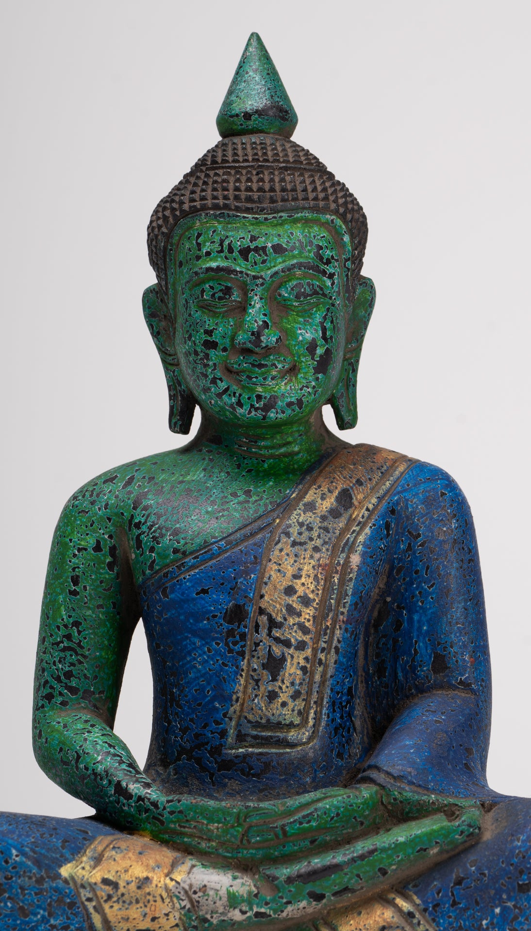 Buddha Sculpture - Antique Khmer Style Wood Seated Buddha Statue Dhyana Meditation Mudra - 28cm/11"