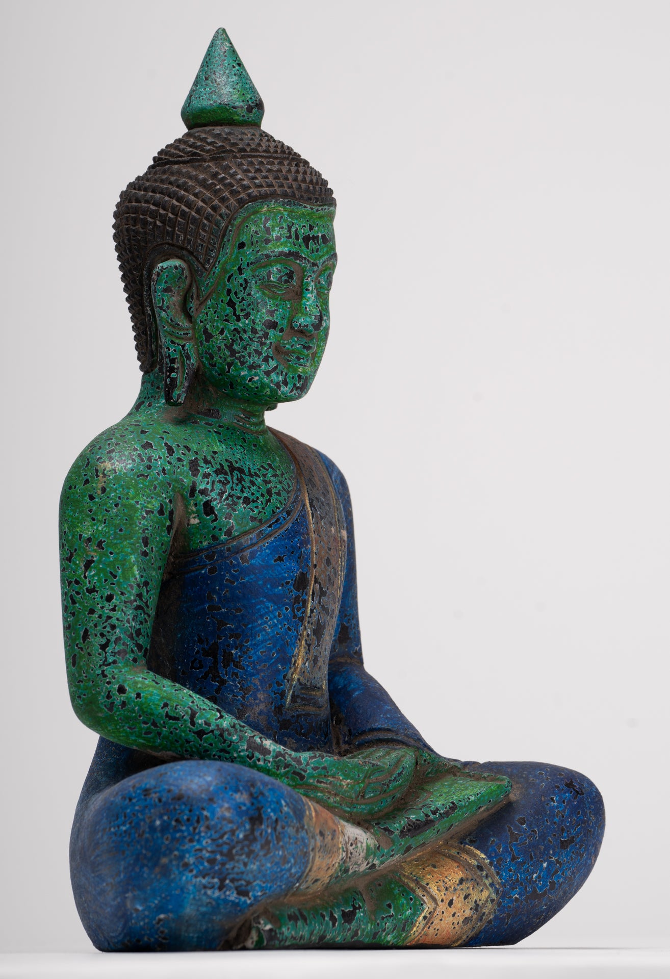 Buddha Sculpture - Antique Khmer Style Wood Seated Buddha Statue Dhyana Meditation Mudra - 28cm/11"