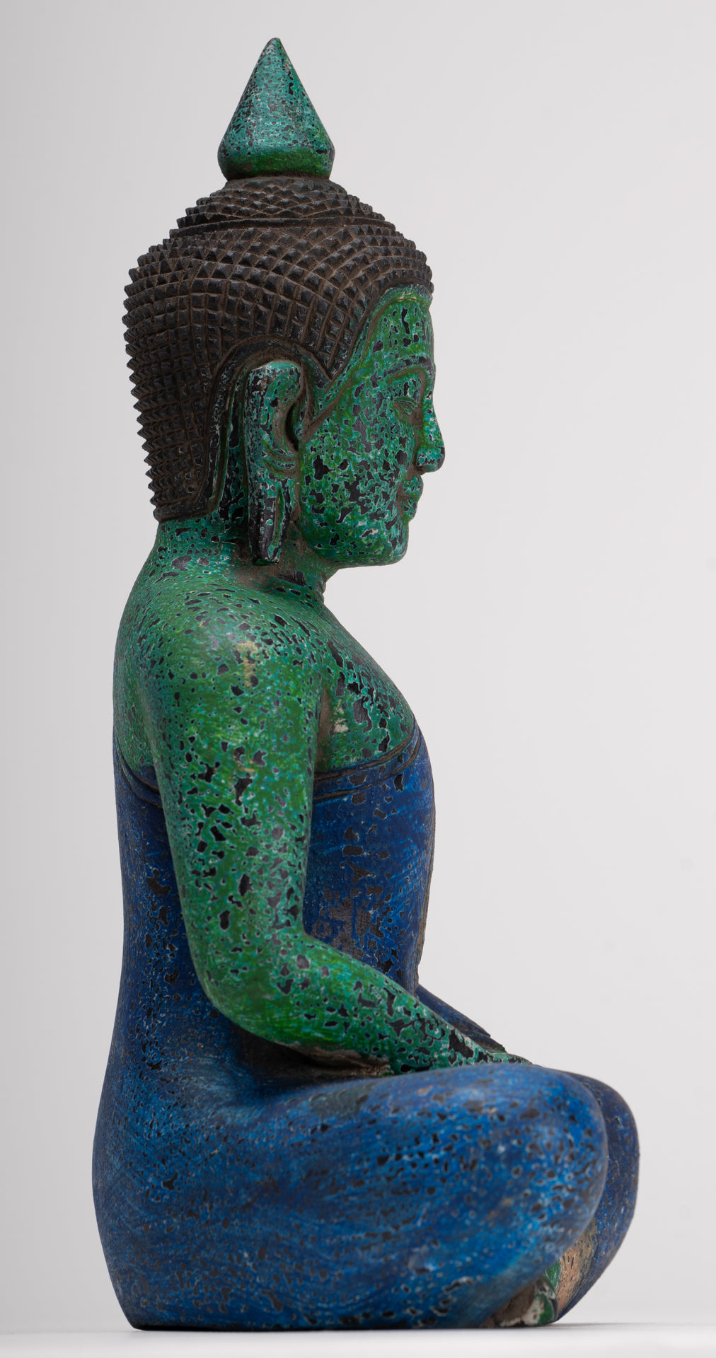 Buddha Sculpture - Antique Khmer Style Wood Seated Buddha Statue Dhyana Meditation Mudra - 28cm/11"