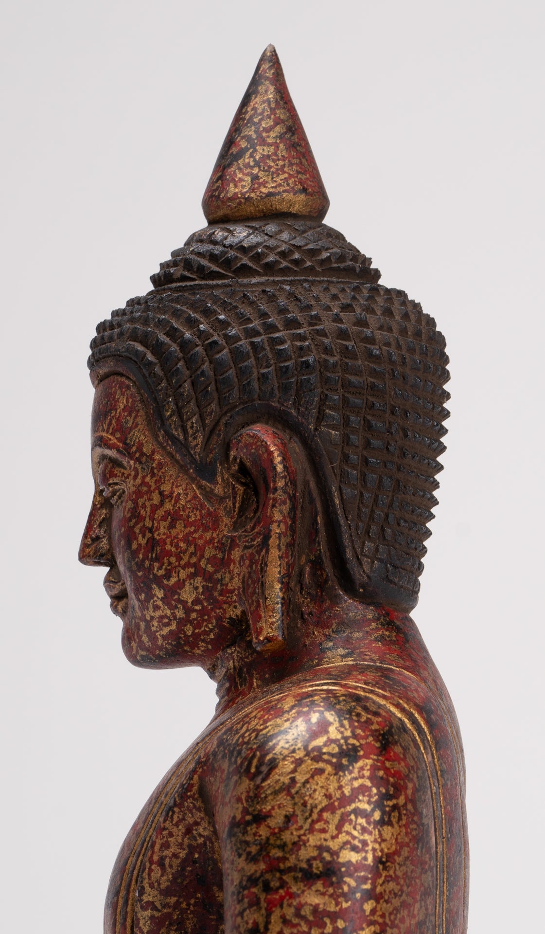 Buddha Sculpture - Antique Khmer Style Wood Seated Buddha Statue Dhyana Meditation Mudra - 28cm/11"