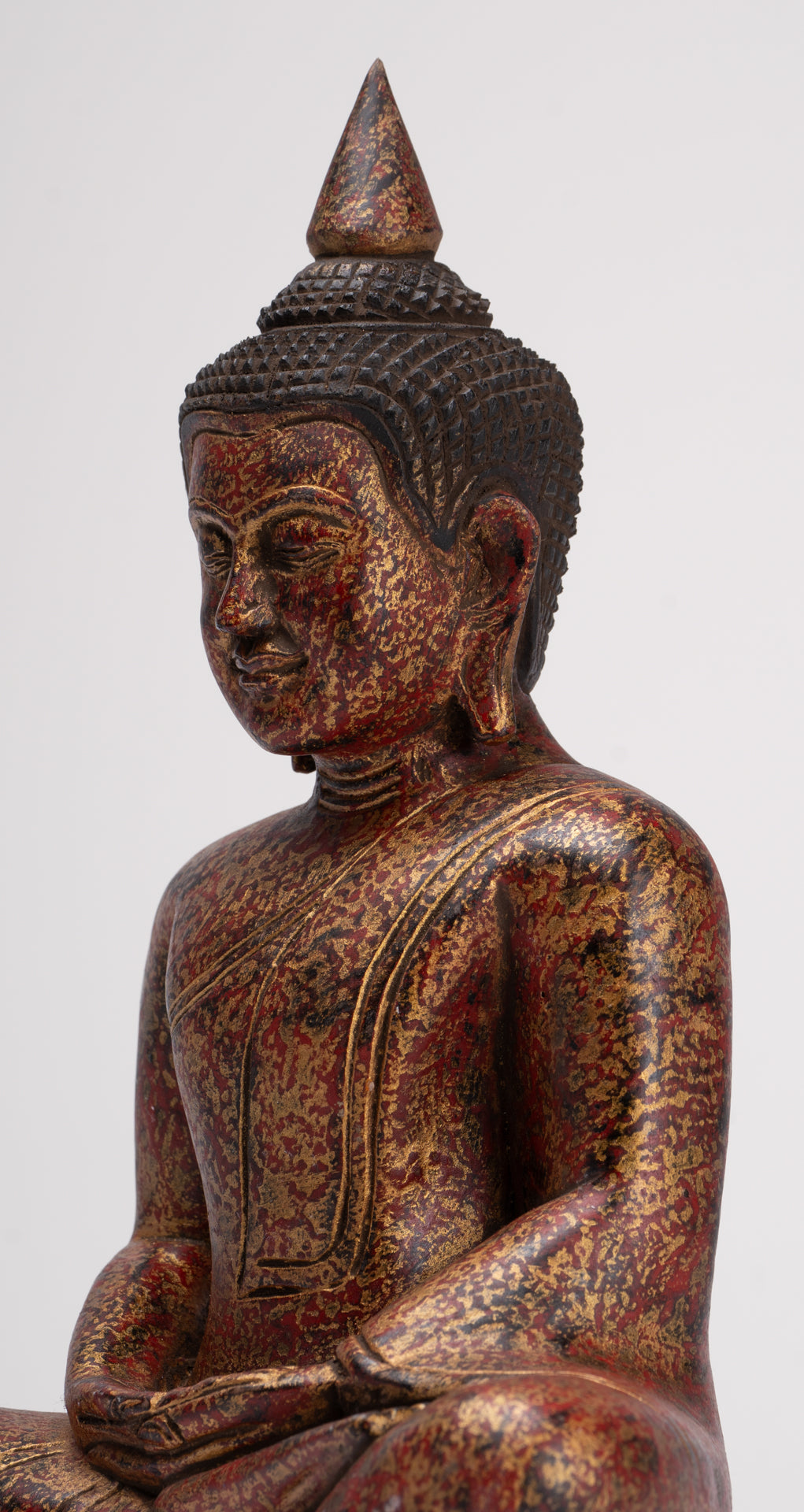 Buddha Sculpture - Antique Khmer Style Wood Seated Buddha Statue Dhyana Meditation Mudra - 28cm/11"