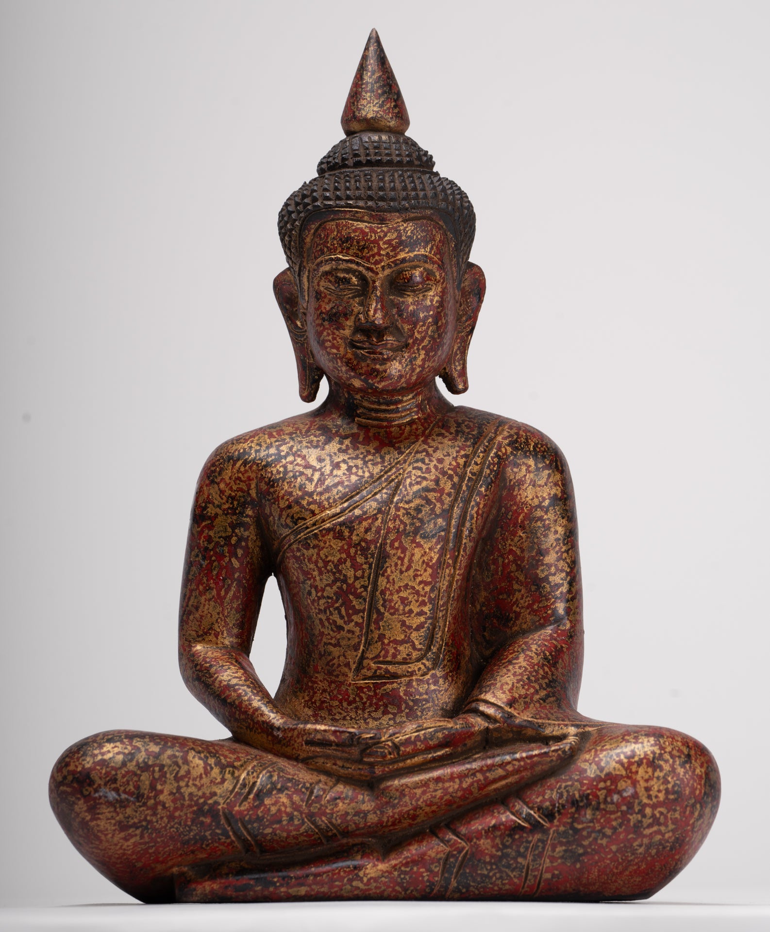 Buddha Sculpture - Antique Khmer Style Wood Seated Buddha Statue Dhyana Meditation Mudra - 28cm/11"