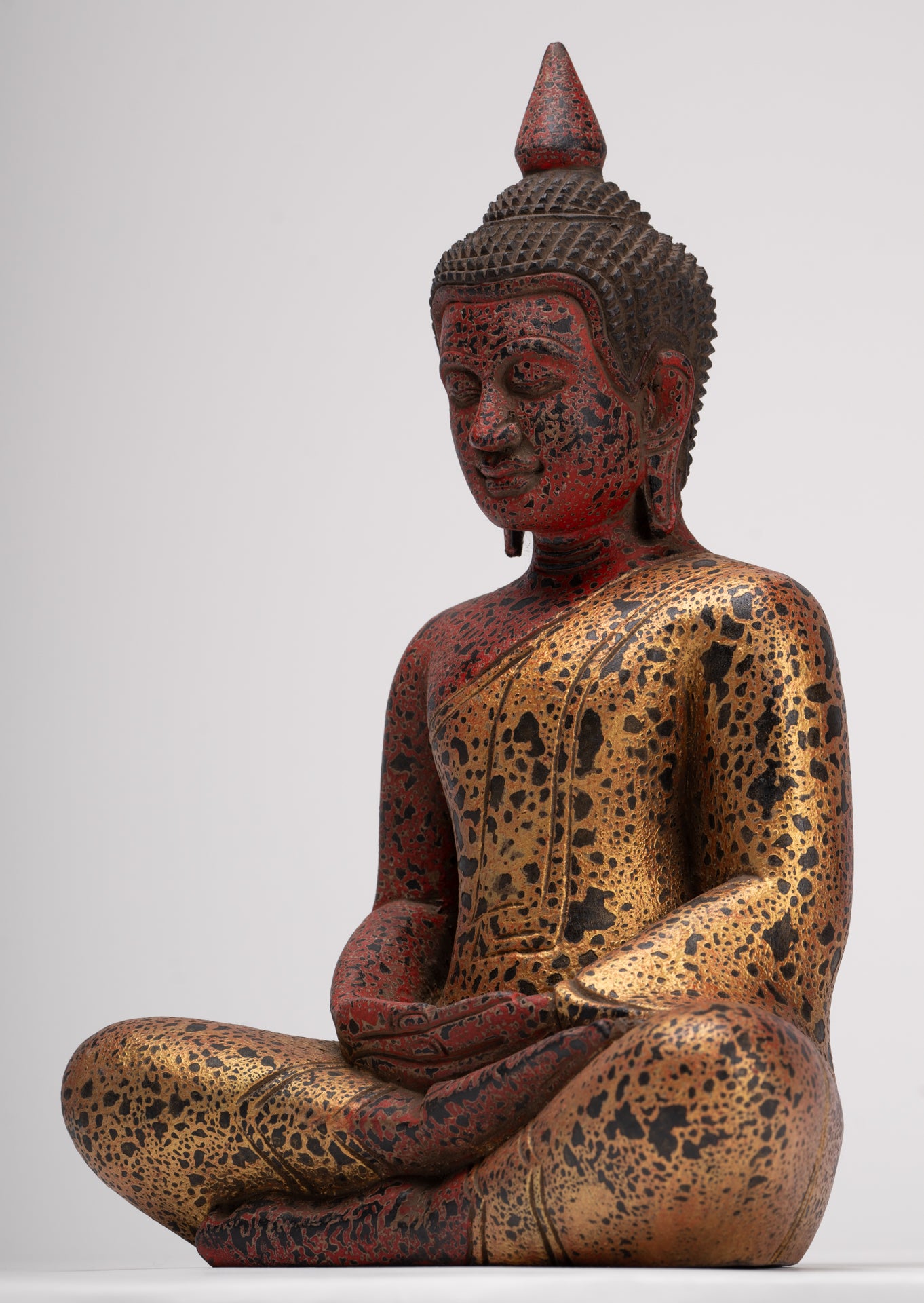 Buddha Sculpture - Antique Khmer Style Wood Seated Buddha Statue Dhyana Meditation Mudra - 33cm/13"