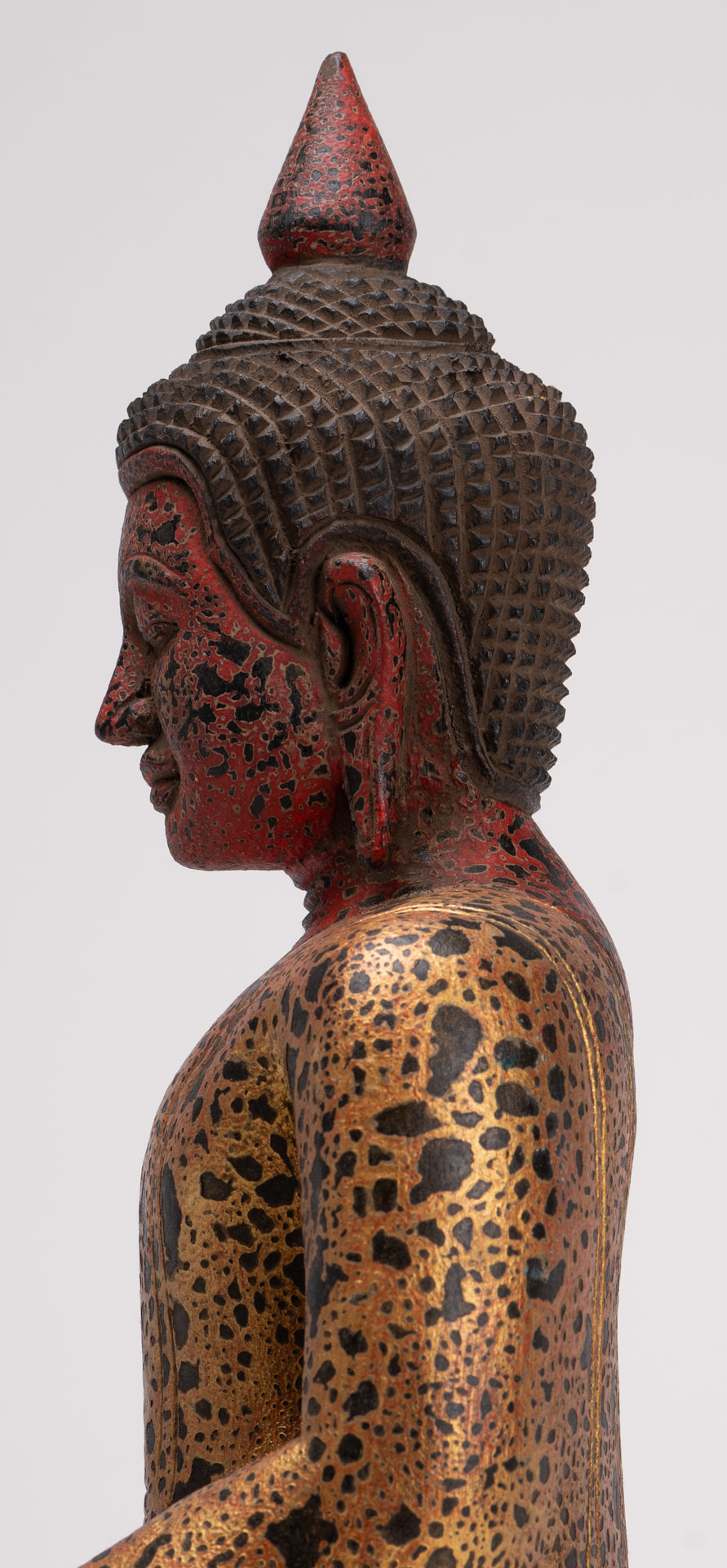 Buddha Sculpture - Antique Khmer Style Wood Seated Buddha Statue Dhyana Meditation Mudra - 33cm/13"