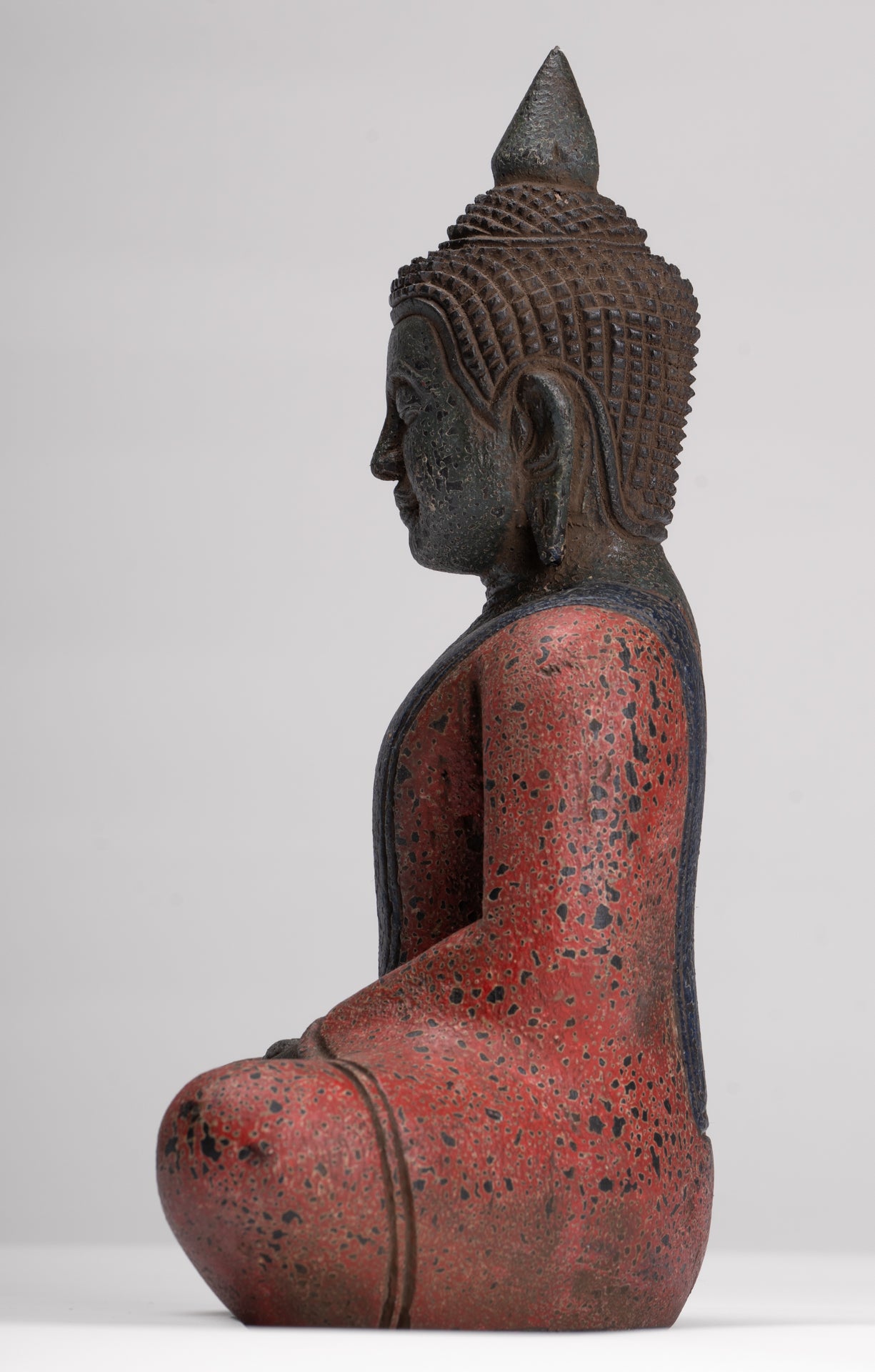 Buddha Sculpture - Antique Khmer Style Wood Seated Buddha Statue Dhyana Meditation Mudra - 27cm/11"