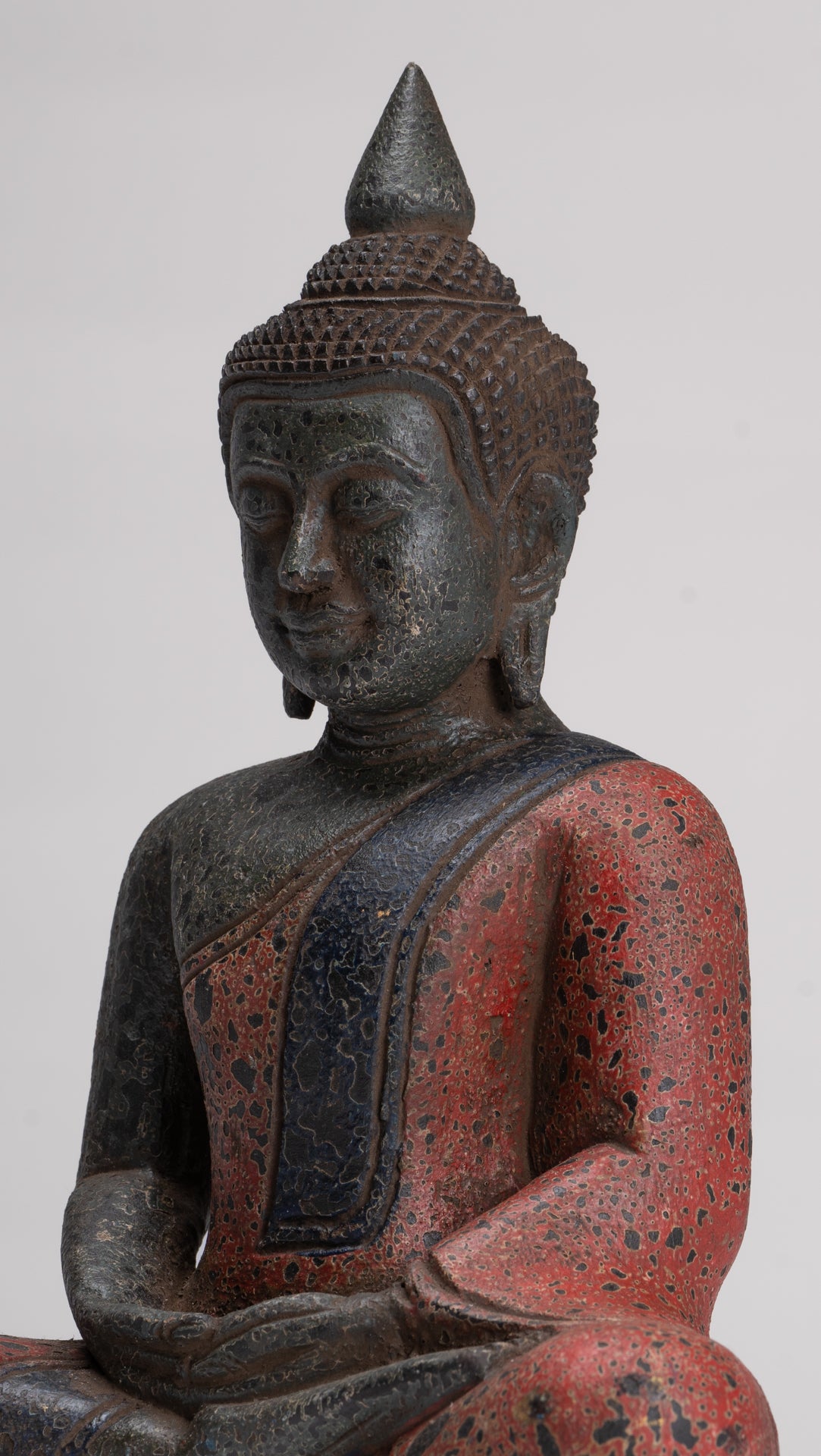 Buddha Sculpture - Antique Khmer Style Wood Seated Buddha Statue Dhyana Meditation Mudra - 27cm/11"