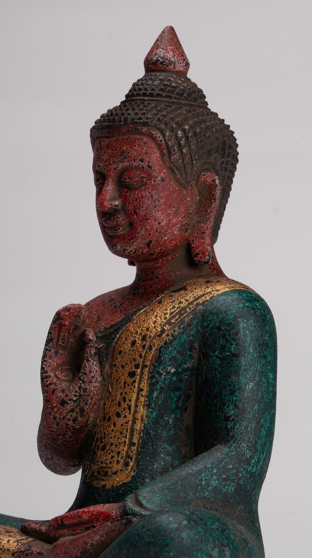 Buddha Statue - Antique Khmer Style Cambodia Seated Wood Buddha Statue Teaching Mudra - 26cm/10"