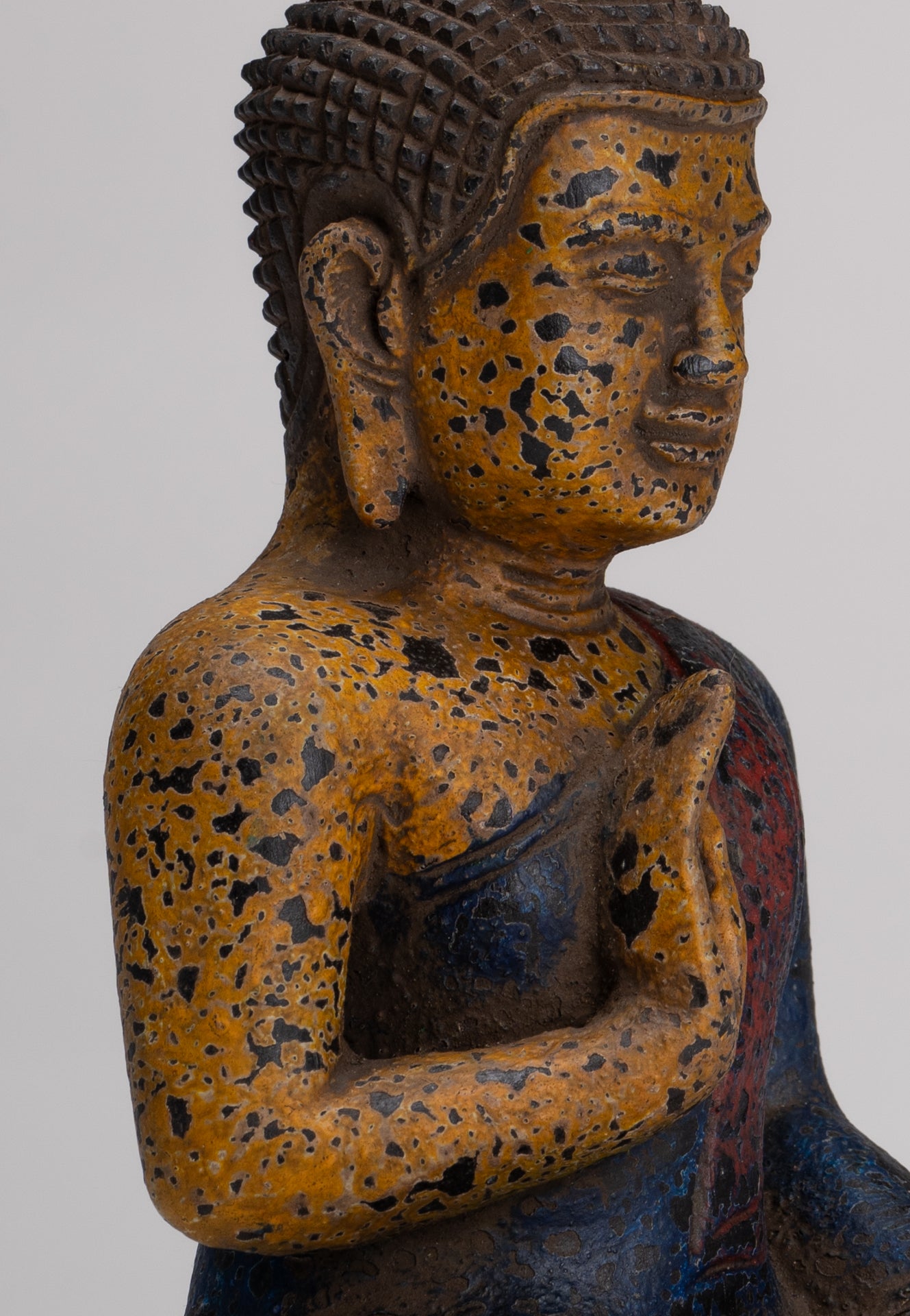 Buddha Statue - Antique Khmer Style Cambodia Seated Wood Buddha Statue Teaching Mudra - 21cm/8"