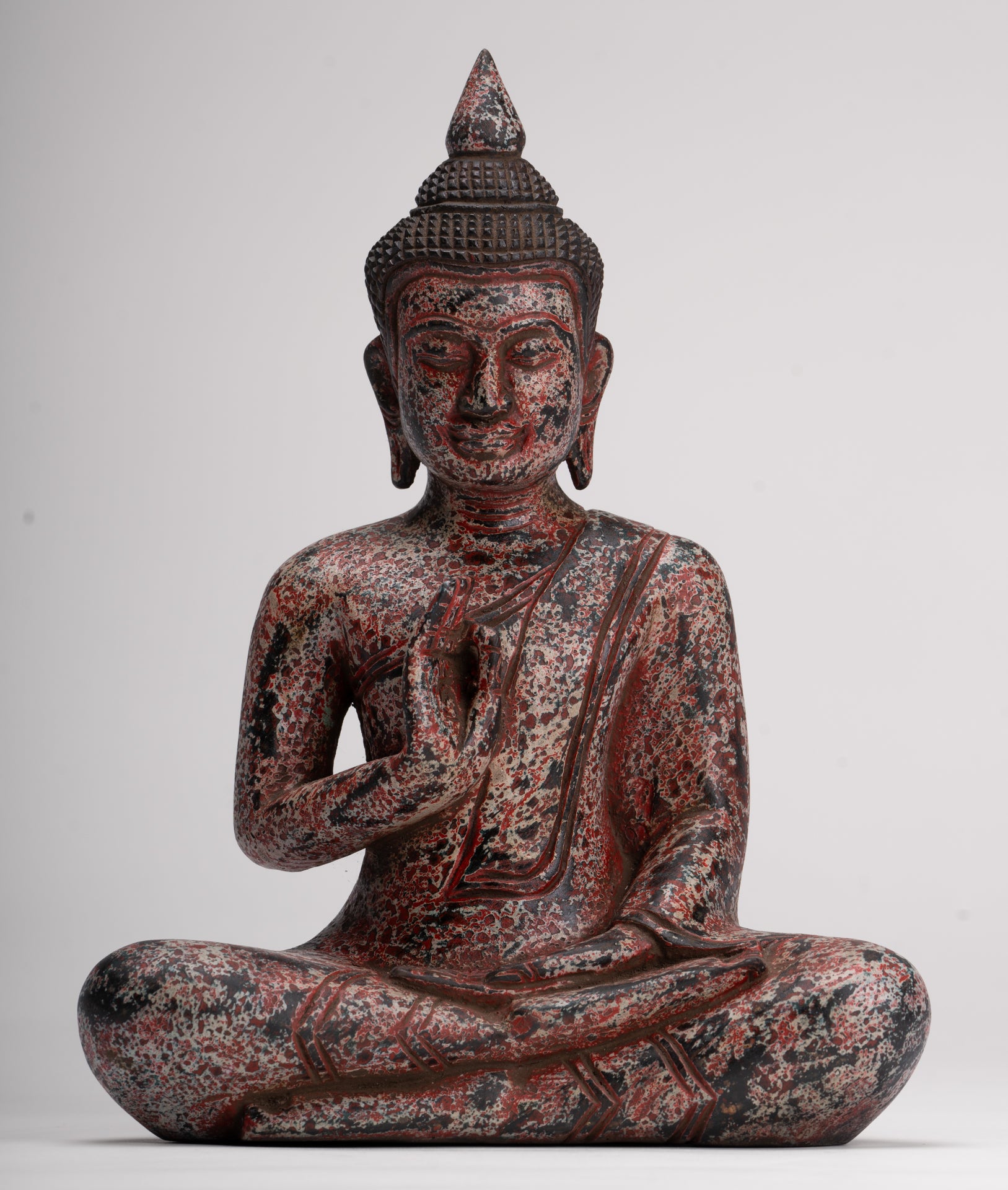 Buddha Statue - Antique Khmer Style Cambodia Seated Wood Buddha Statue Teaching Mudra - 27cm/11"