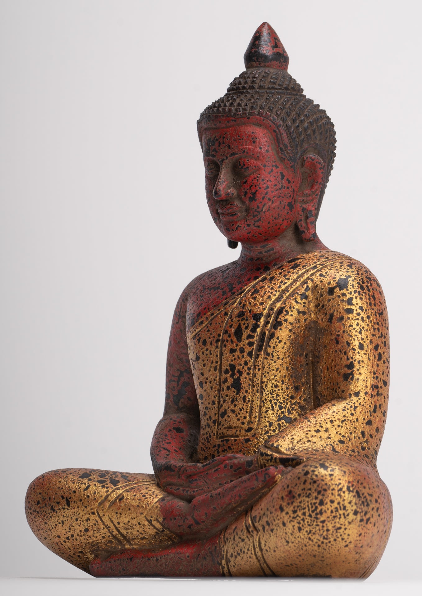 Buddha Sculpture - Antique Khmer Style Wood Seated Buddha Statue Dhyana Meditation Mudra - 26cm/11"