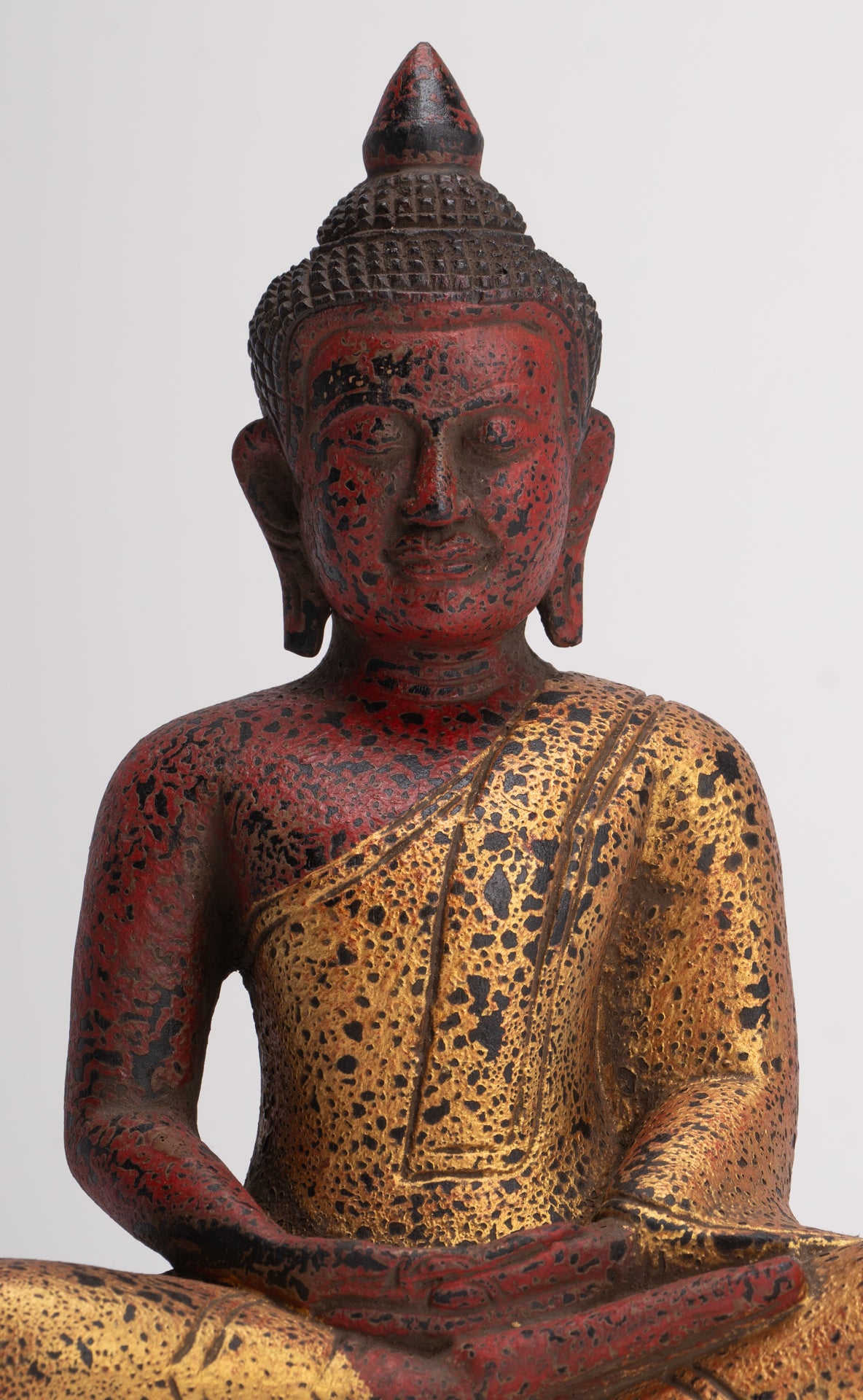 Buddha Sculpture - Antique Khmer Style Wood Seated Buddha Statue Dhyana Meditation Mudra - 26cm/11"