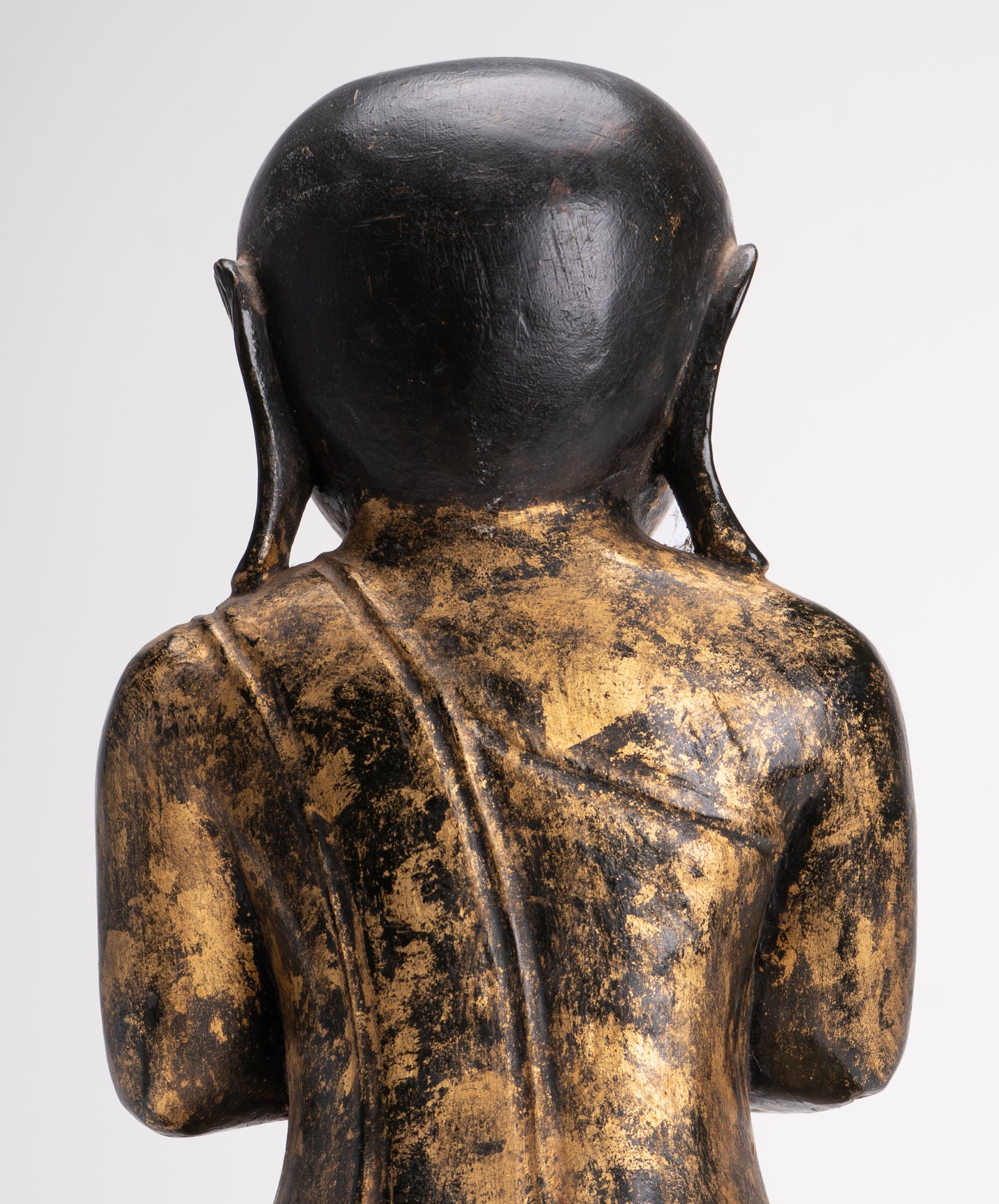 Antique Disciple Statue - Antique Burmese Style Wood Kneeling Buddha Disciple Statue - 44cm/18"