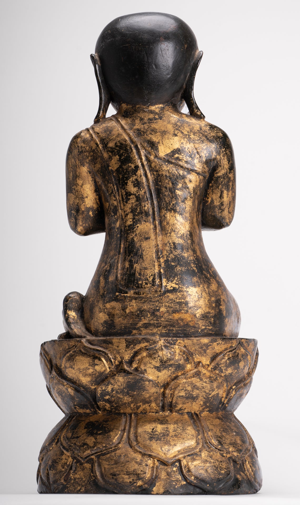 Antique Disciple Statue - Antique Burmese Style Wood Kneeling Buddha Disciple Statue - 44cm/18"