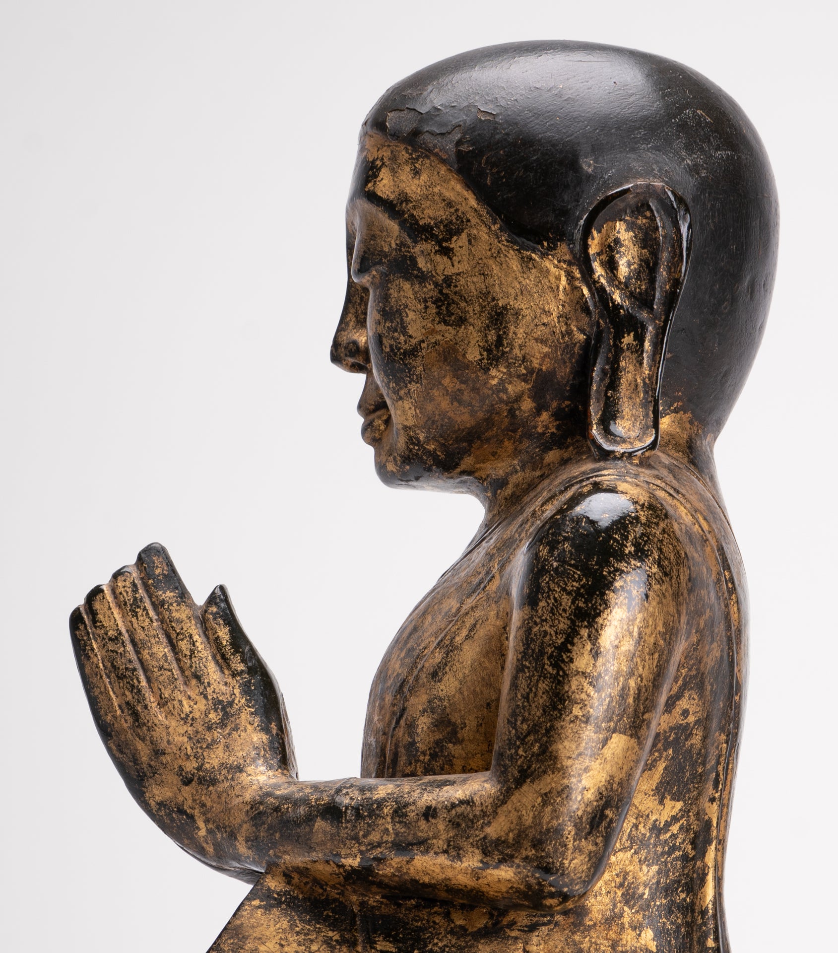 Antique Disciple Statue - Antique Burmese Style Wood Kneeling Buddha Disciple Statue - 44cm/18"