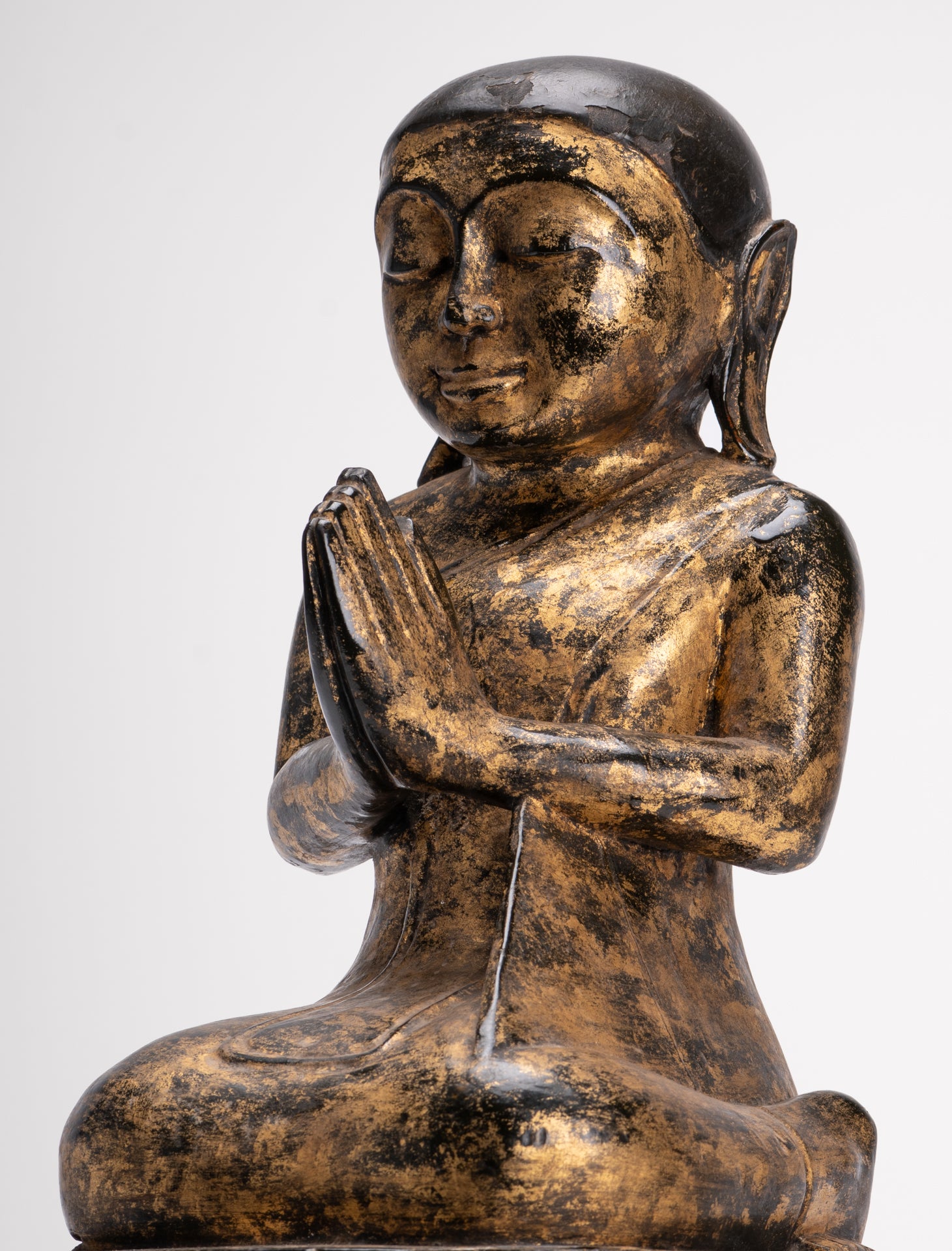 Antique Disciple Statue - Antique Burmese Style Wood Kneeling Buddha Disciple Statue - 44cm/18"