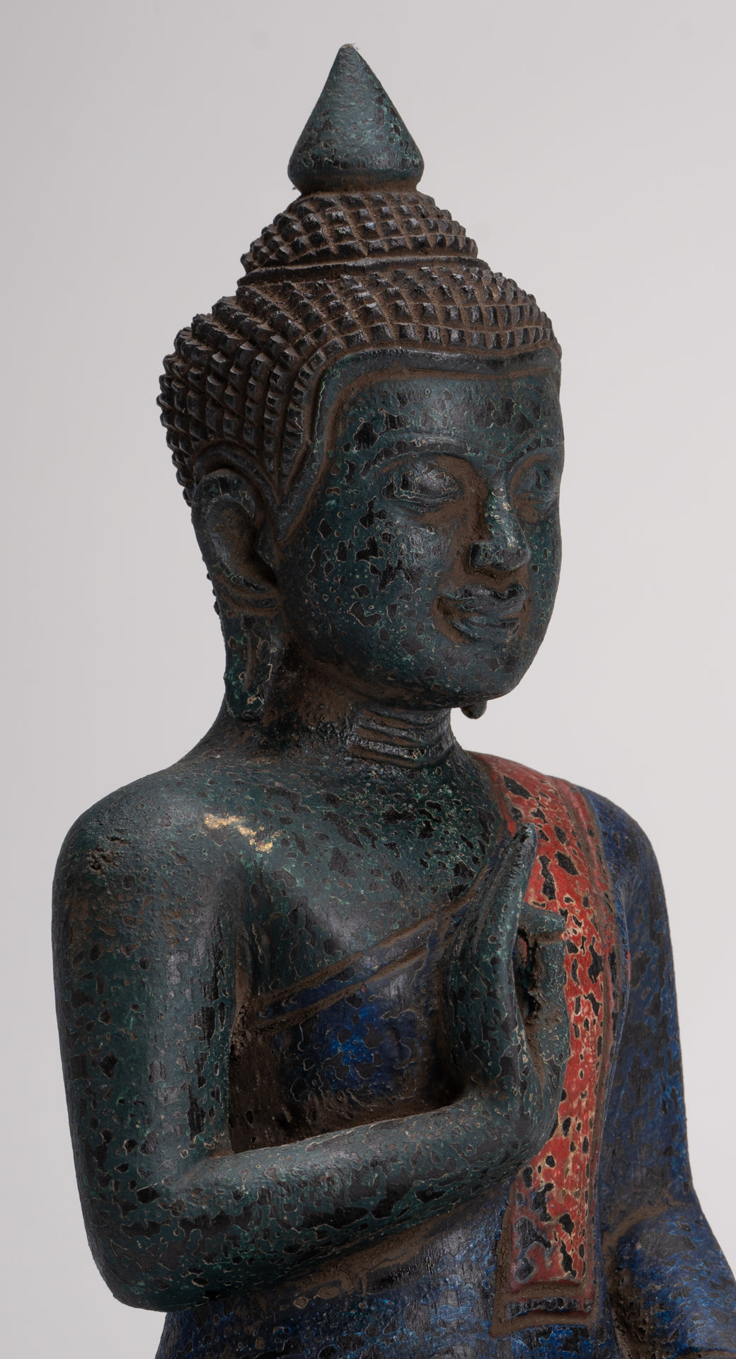 Buddha Statue - Antique Khmer Style Cambodia Seated Wood Buddha Statue Teaching Mudra - 27cm/11"