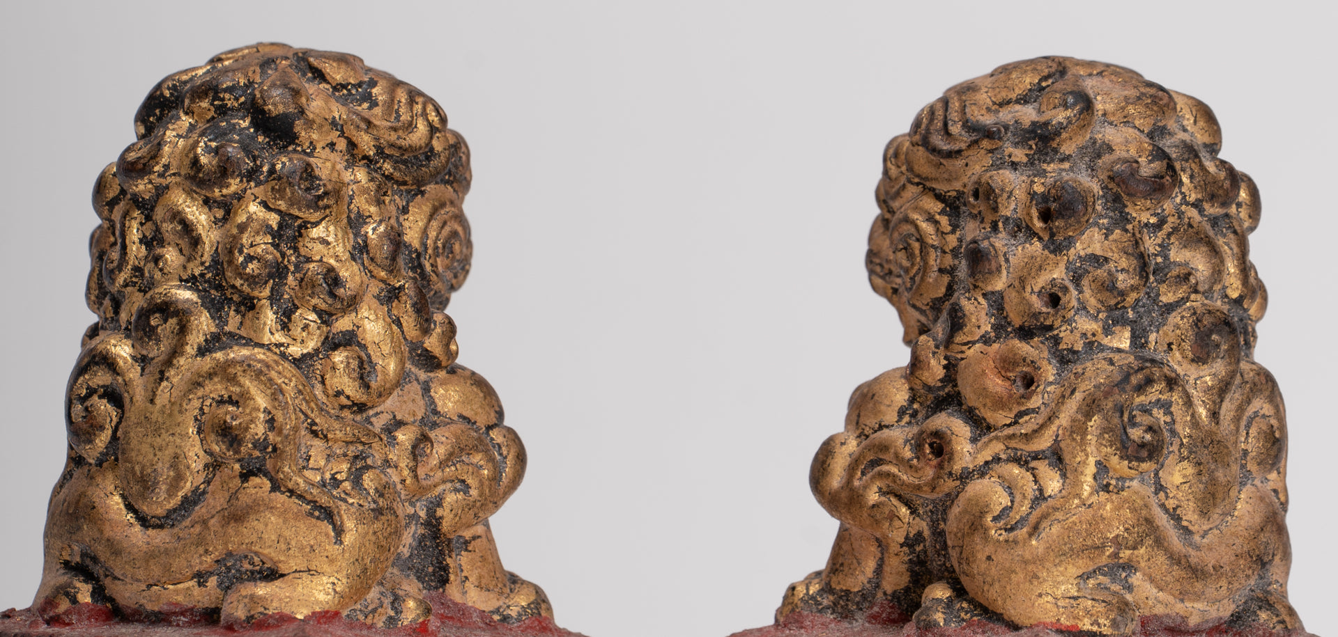 Antique Chinese Style Wood Temple Guardian Lions Shishi Lions Foo Dogs Imperial Lions (Pair) - 8cm/3"