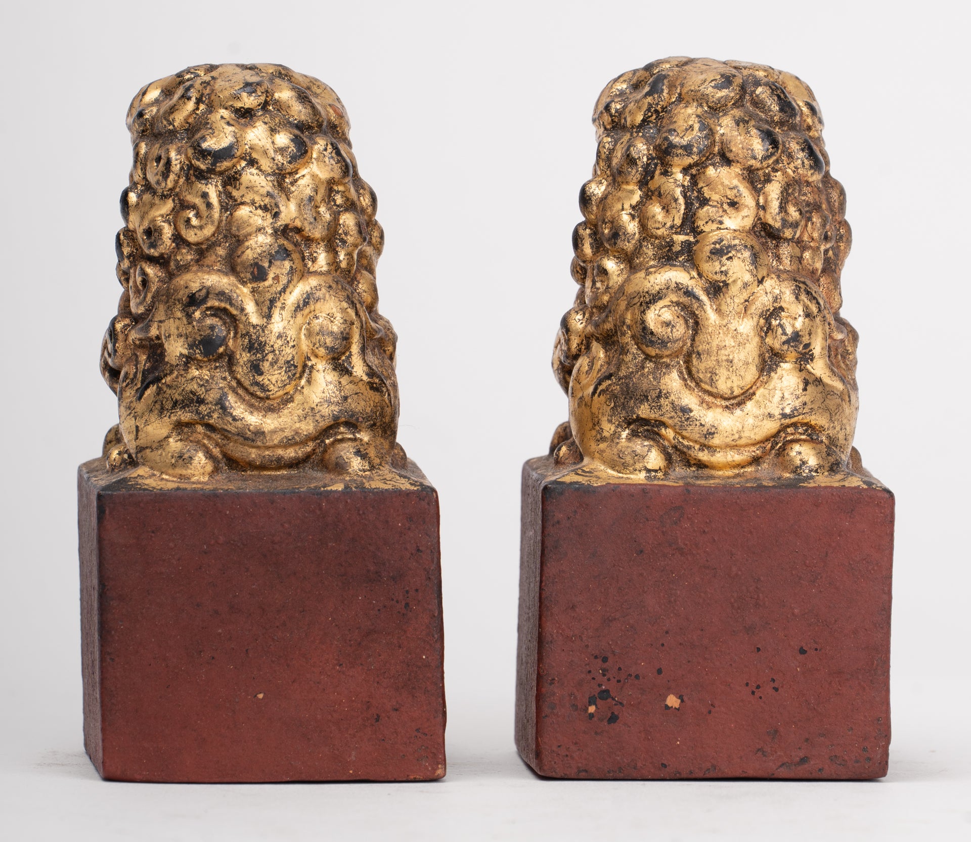 Antique Chinese Style Wood Temple Guardian Lions Shishi Lions Foo Dogs Imperial Lions (Pair) - 9.5cm/4"