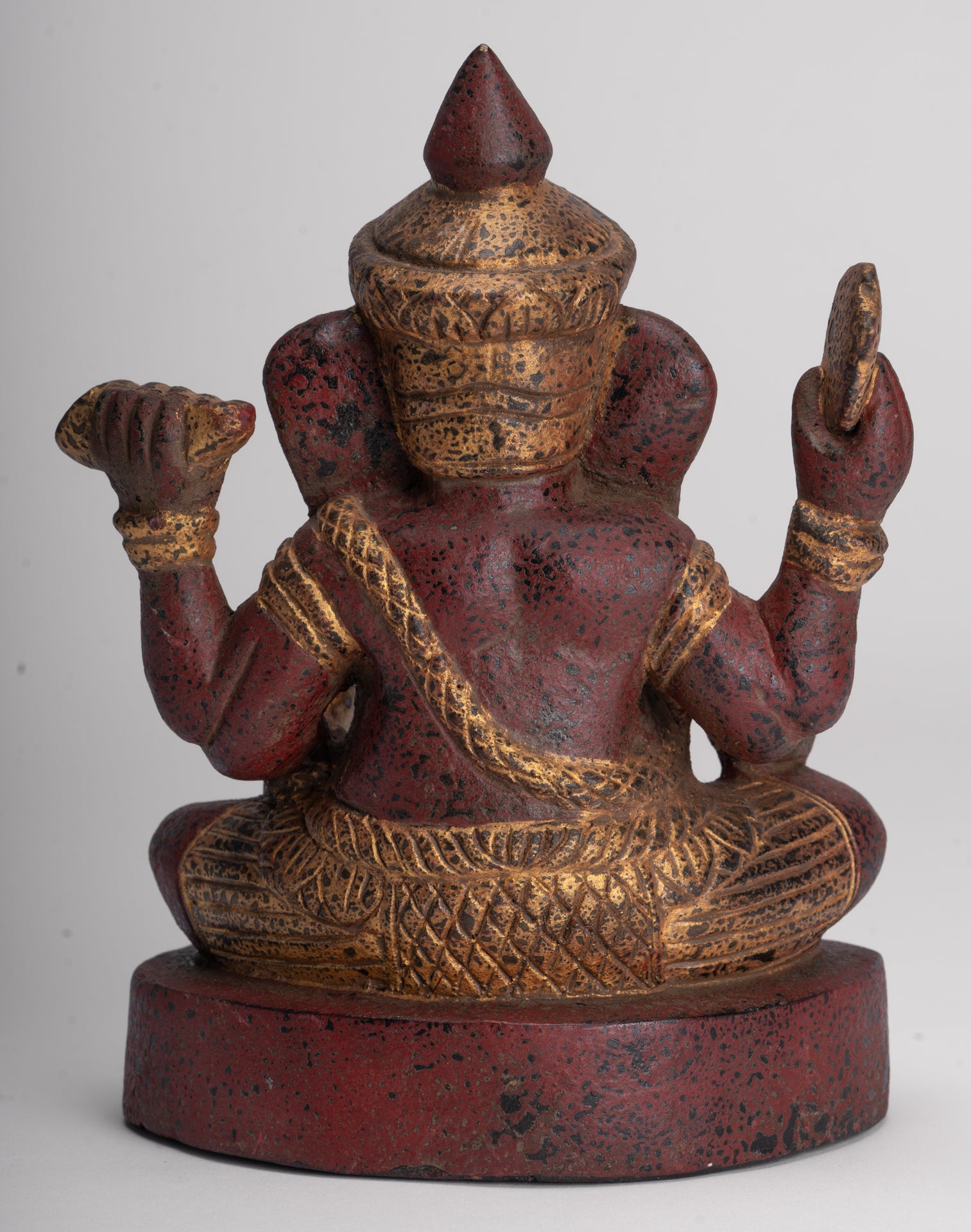 Ganesh Statue - Antique Khmer Style Seated Wood Ganesha Statue - 22cm/9"