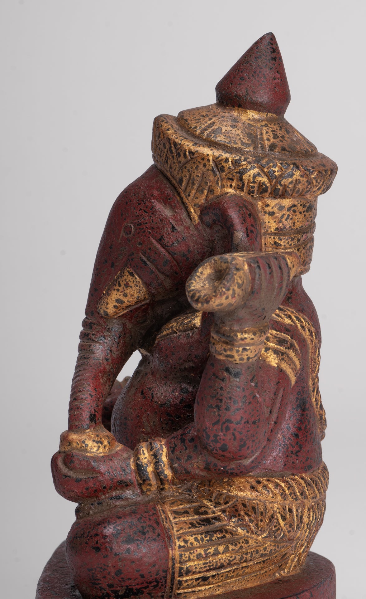 Ganesh Statue - Antique Khmer Style Seated Wood Ganesha Statue - 22cm/9"