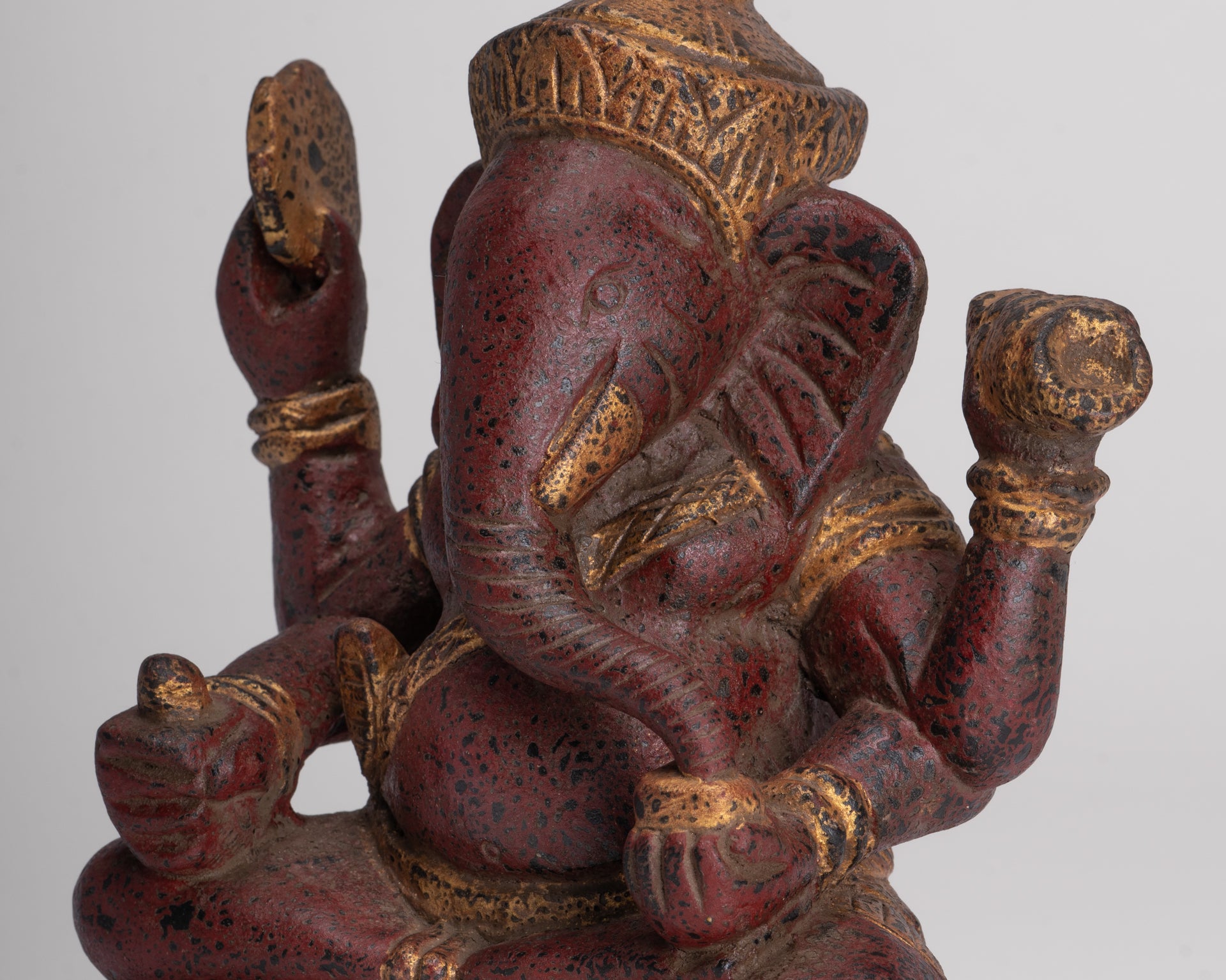 Ganesh Statue - Antique Khmer Style Seated Wood Ganesha Statue - 22cm/9"