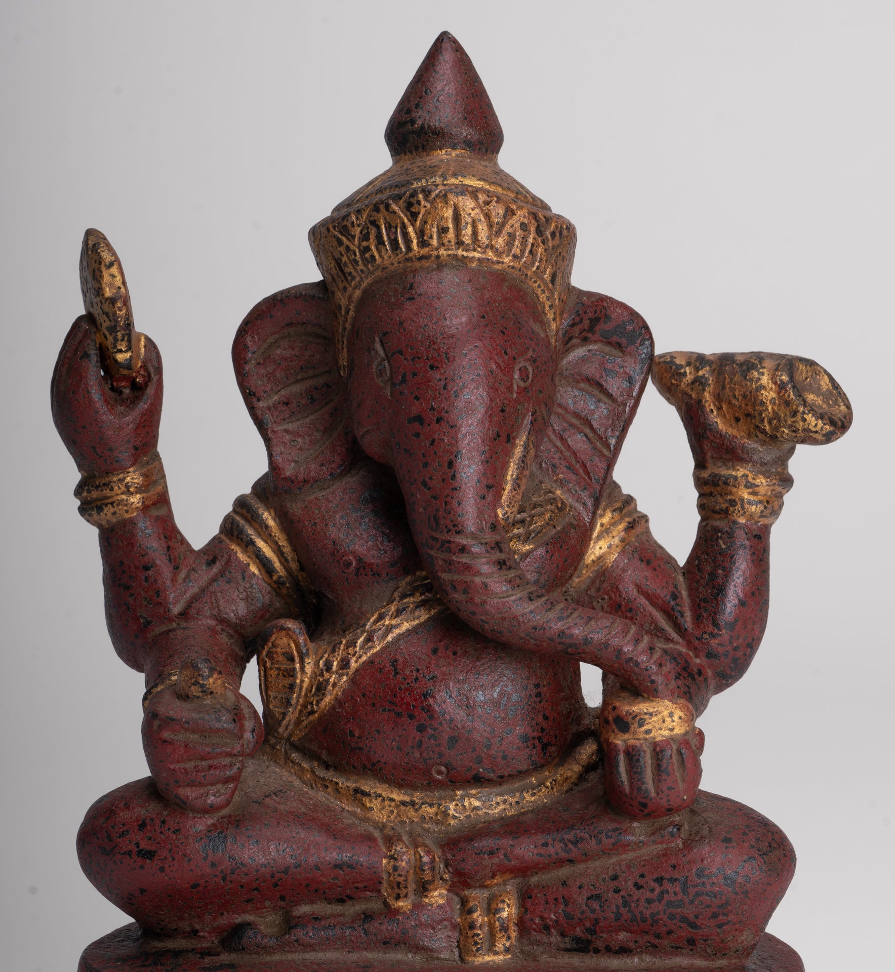 Ganesh Statue - Antique Khmer Style Seated Wood Ganesha Statue - 22cm/9"