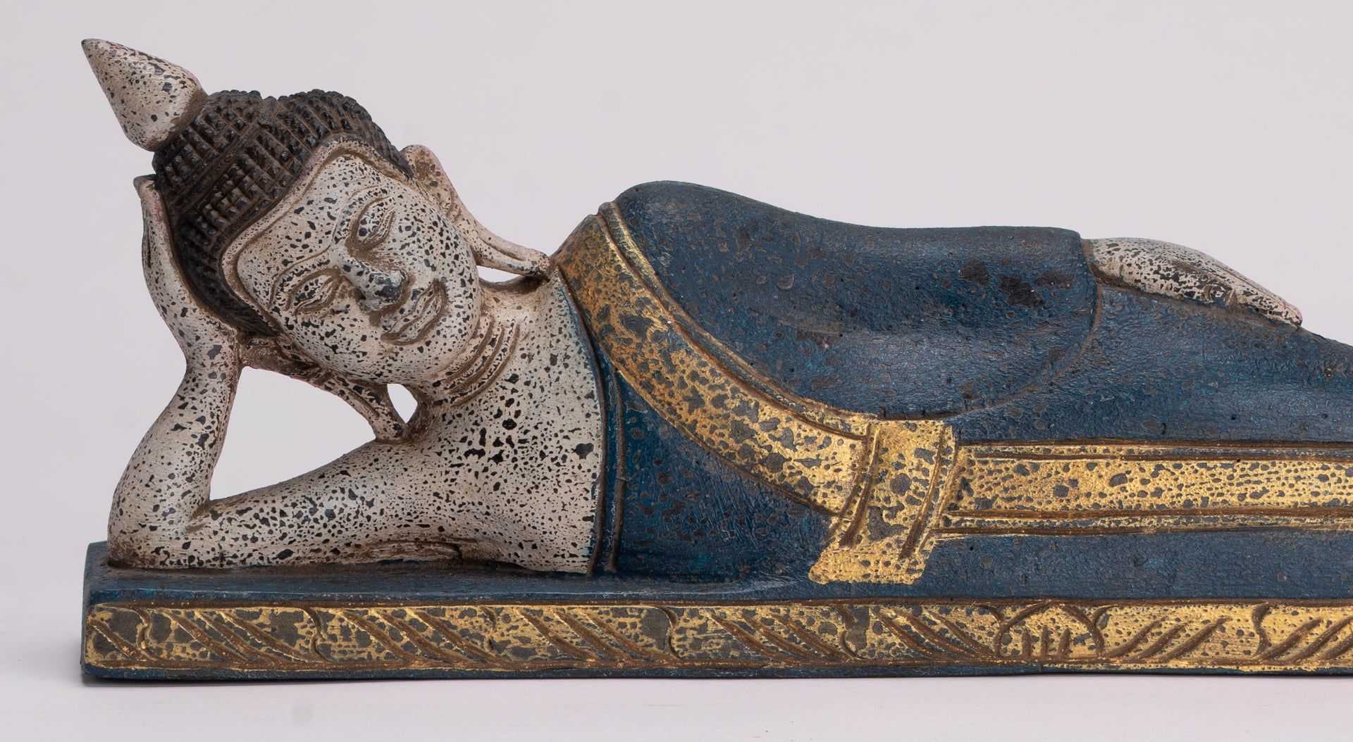 Buddha Statue - Antique Khmer Style SE Asia Wood Reclining Nirvana Buddha Statue - 42cm/17" Long
