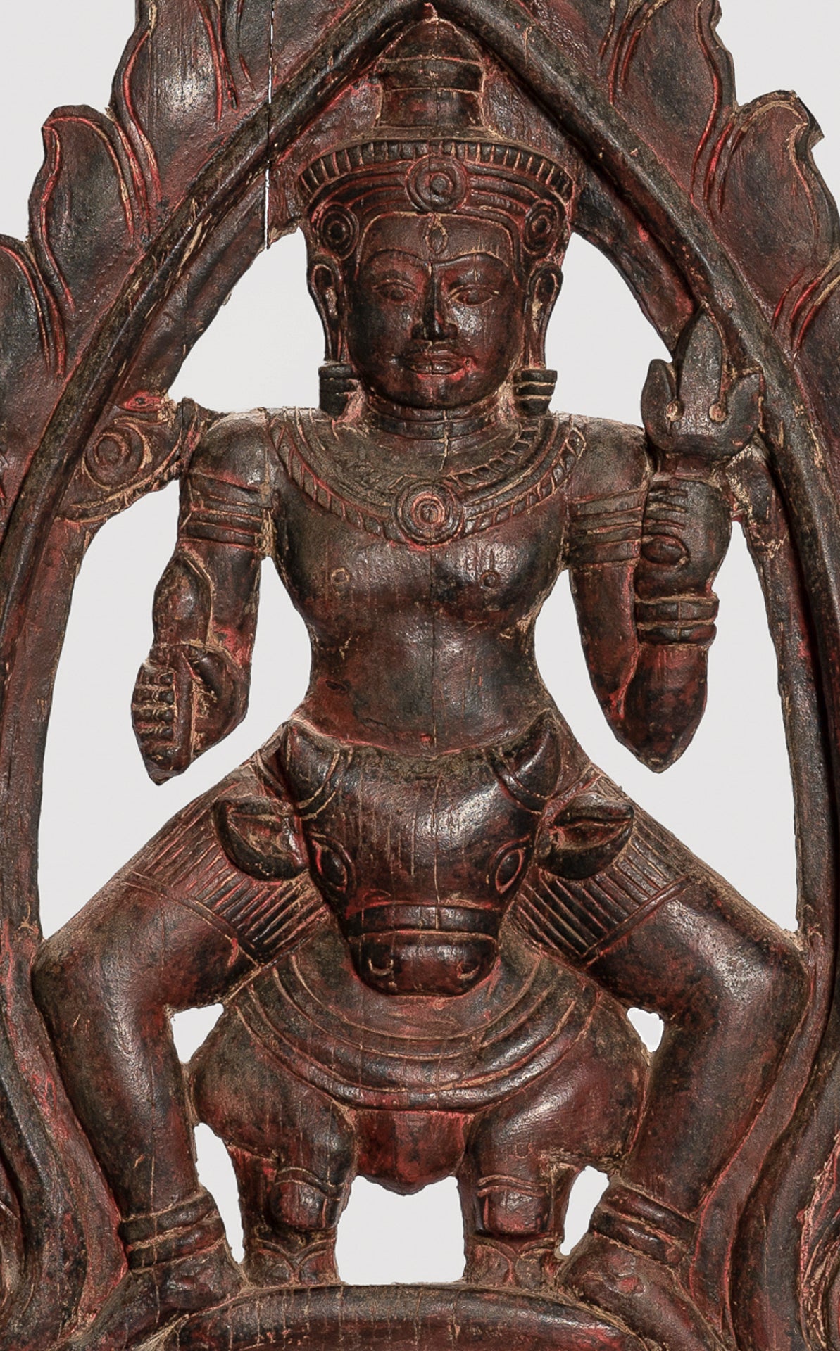 Shiva Statue - Antique Khmer Style SE Asia Wood Bas Relief Nandi & Shiva Statue - 105cm/42"