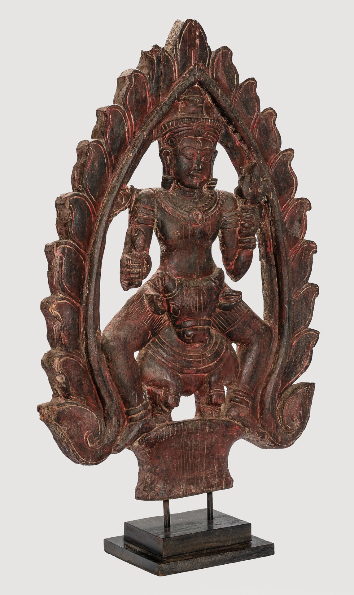 Shiva Statue - Antique Khmer Style SE Asia Wood Bas Relief Nandi & Shiva Statue - 105cm/42"
