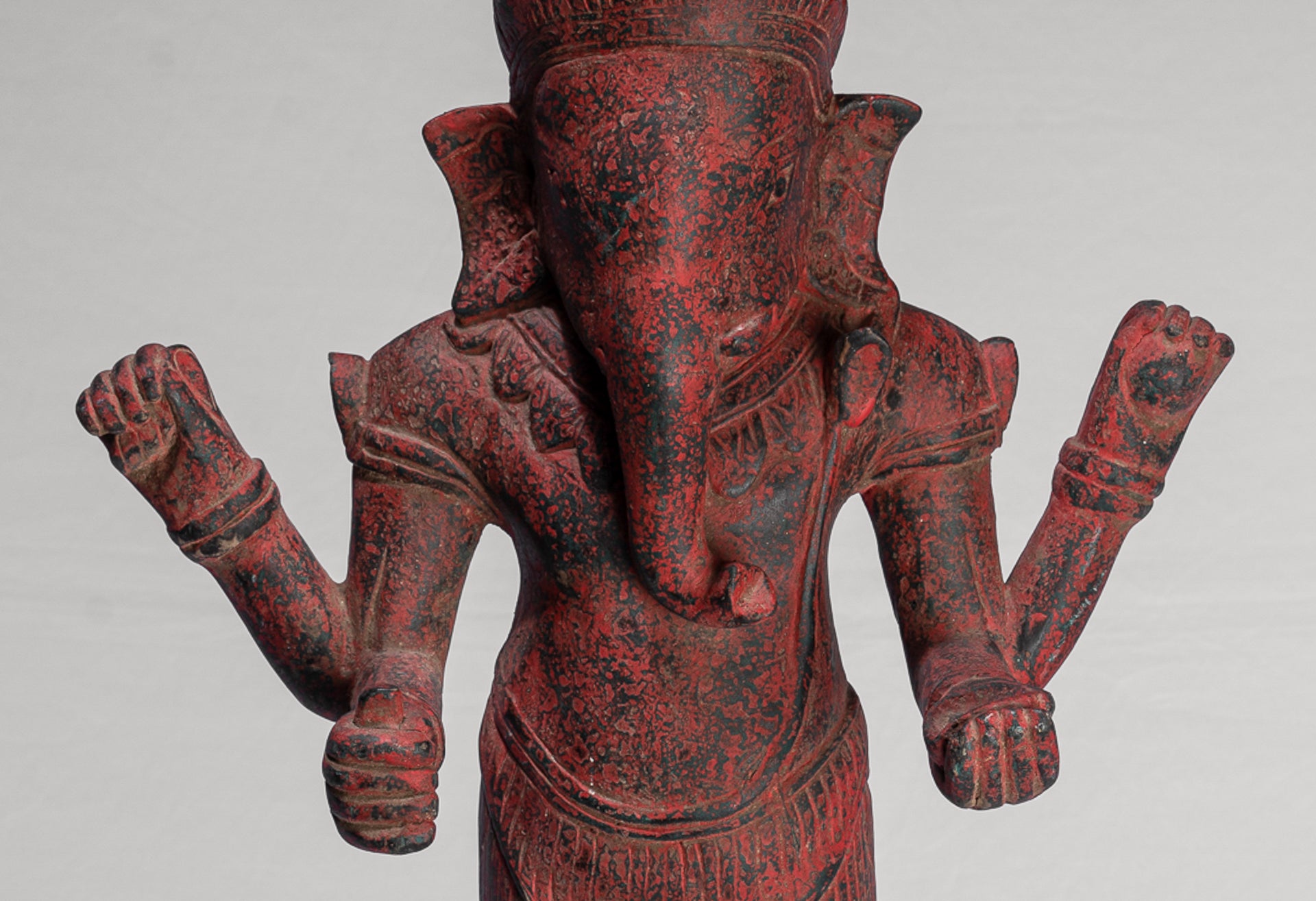 Ganesha Statue - Antique Bayon Style Standing Khmer Red Wood Standing Ganesha Statue - 60cm/24"