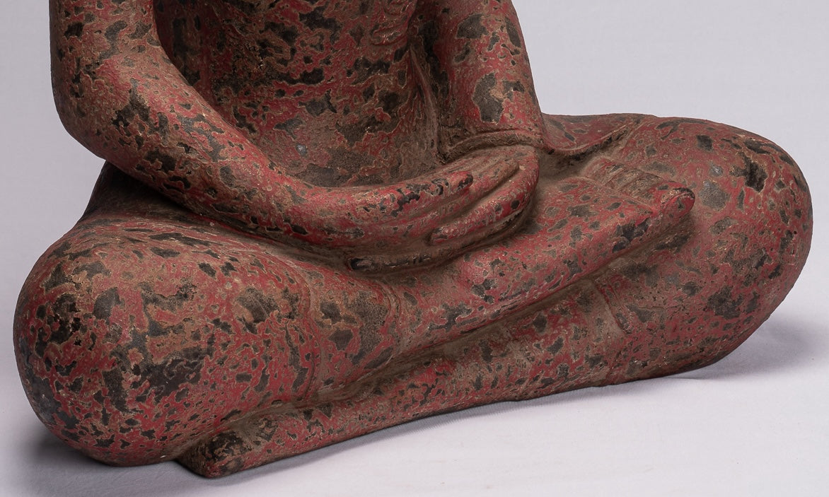 Buddha Sculpture - Antique Khmer Style Seated Wood Buddha Statue Meditation Mudra - 66cm/26"