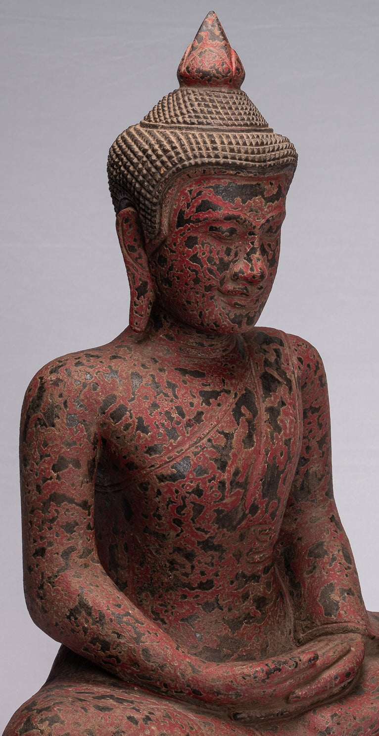 Buddha Sculpture - Antique Khmer Style Seated Wood Buddha Statue Meditation Mudra - 66cm/26"