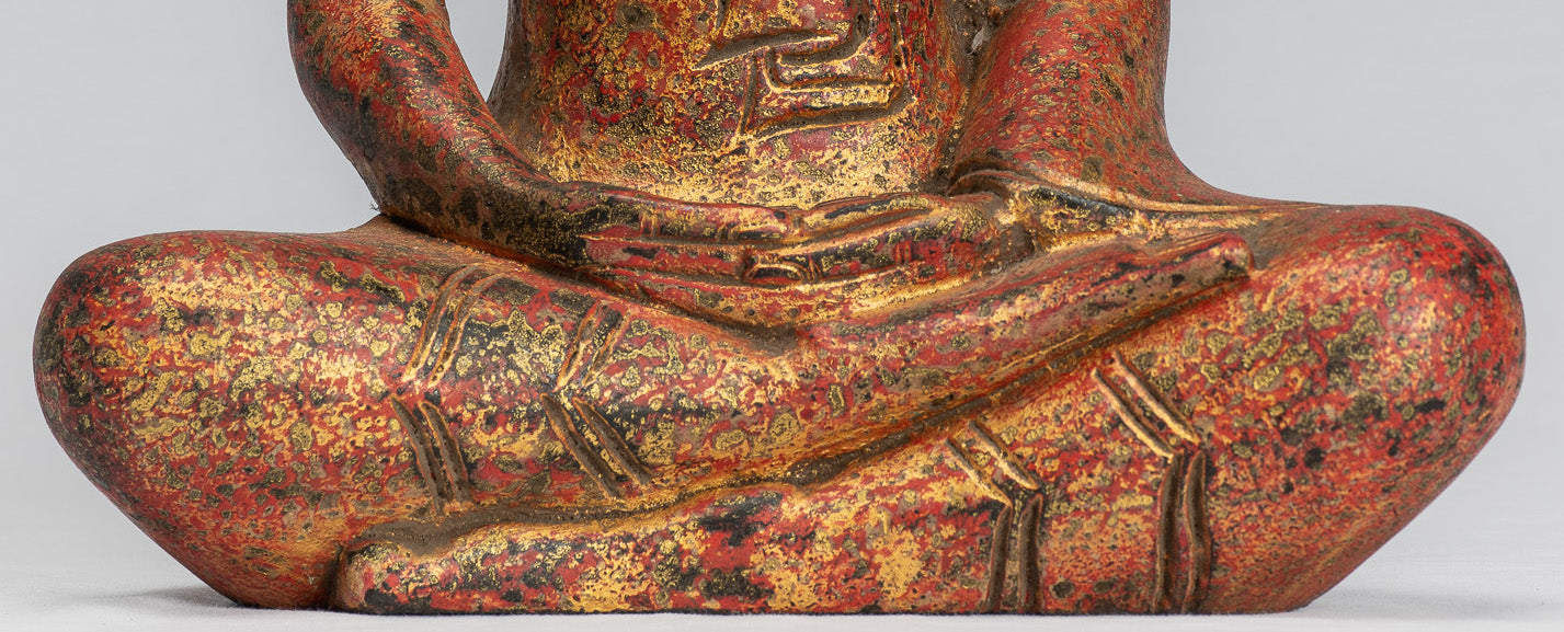 Sculpture de Bouddha – Statue de Bouddha assis en bois de style khmer antique Dhyana Méditation Mudra – 31 cm/12"