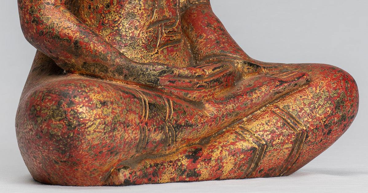 Sculpture de Bouddha – Statue de Bouddha assis en bois de style khmer antique Dhyana Méditation Mudra – 31 cm/12"