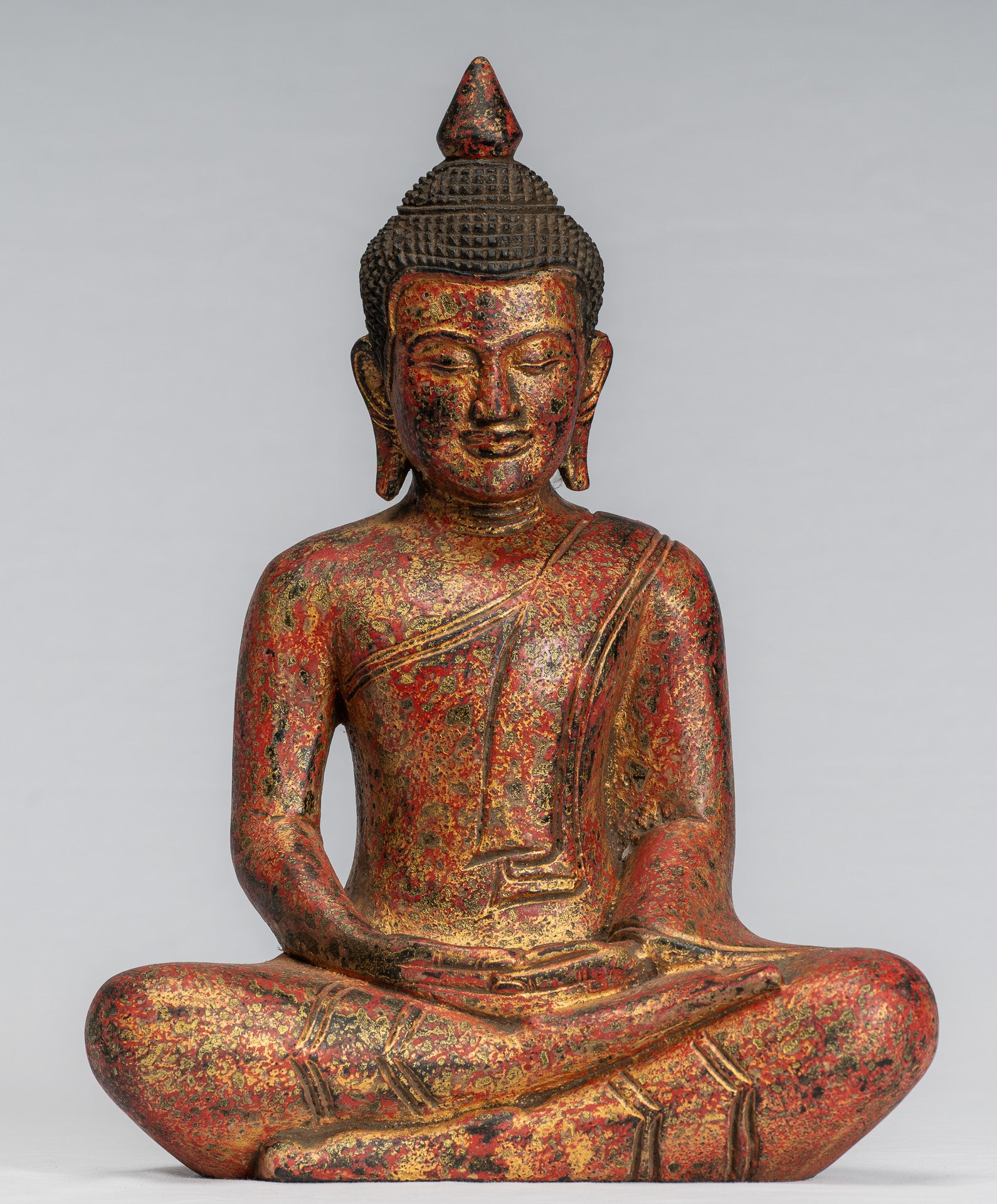Sculpture de Bouddha – Statue de Bouddha assis en bois de style khmer antique Dhyana Méditation Mudra – 31 cm/12"