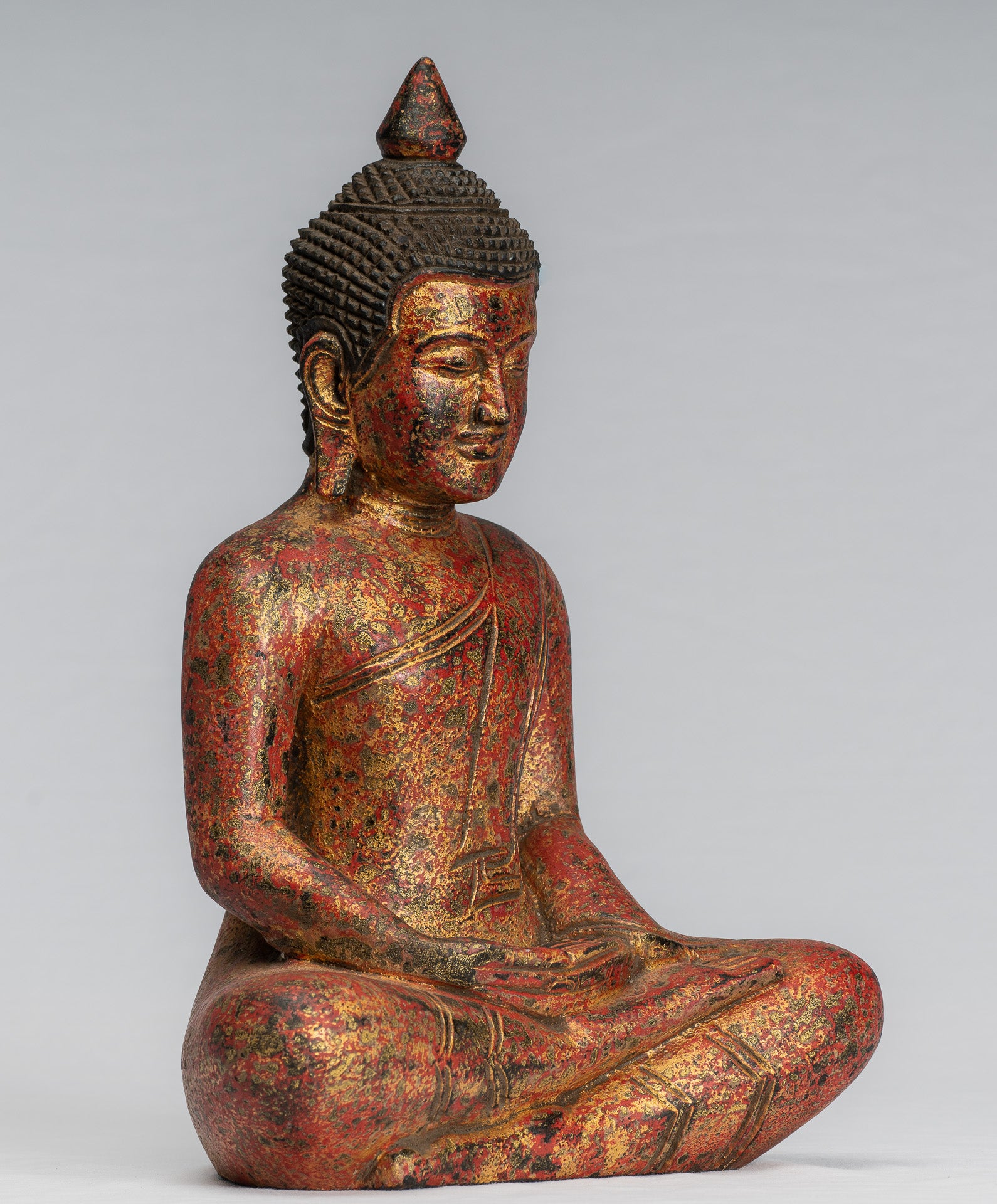 Sculpture de Bouddha – Statue de Bouddha assis en bois de style khmer antique Dhyana Méditation Mudra – 31 cm/12"