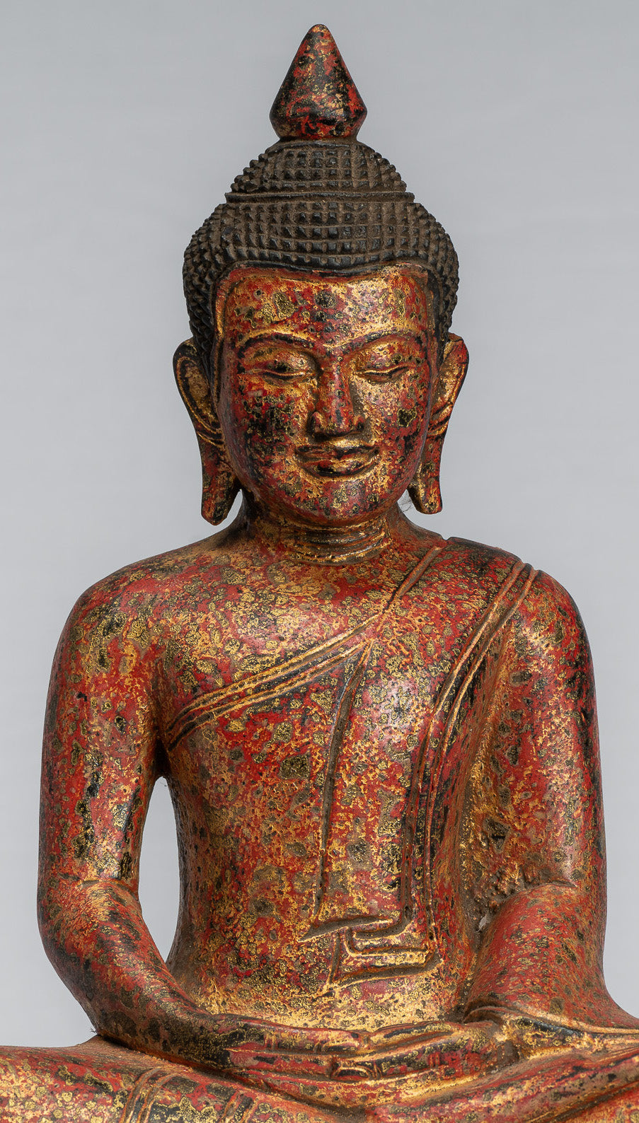 Sculpture de Bouddha – Statue de Bouddha assis en bois de style khmer antique Dhyana Méditation Mudra – 31 cm/12"