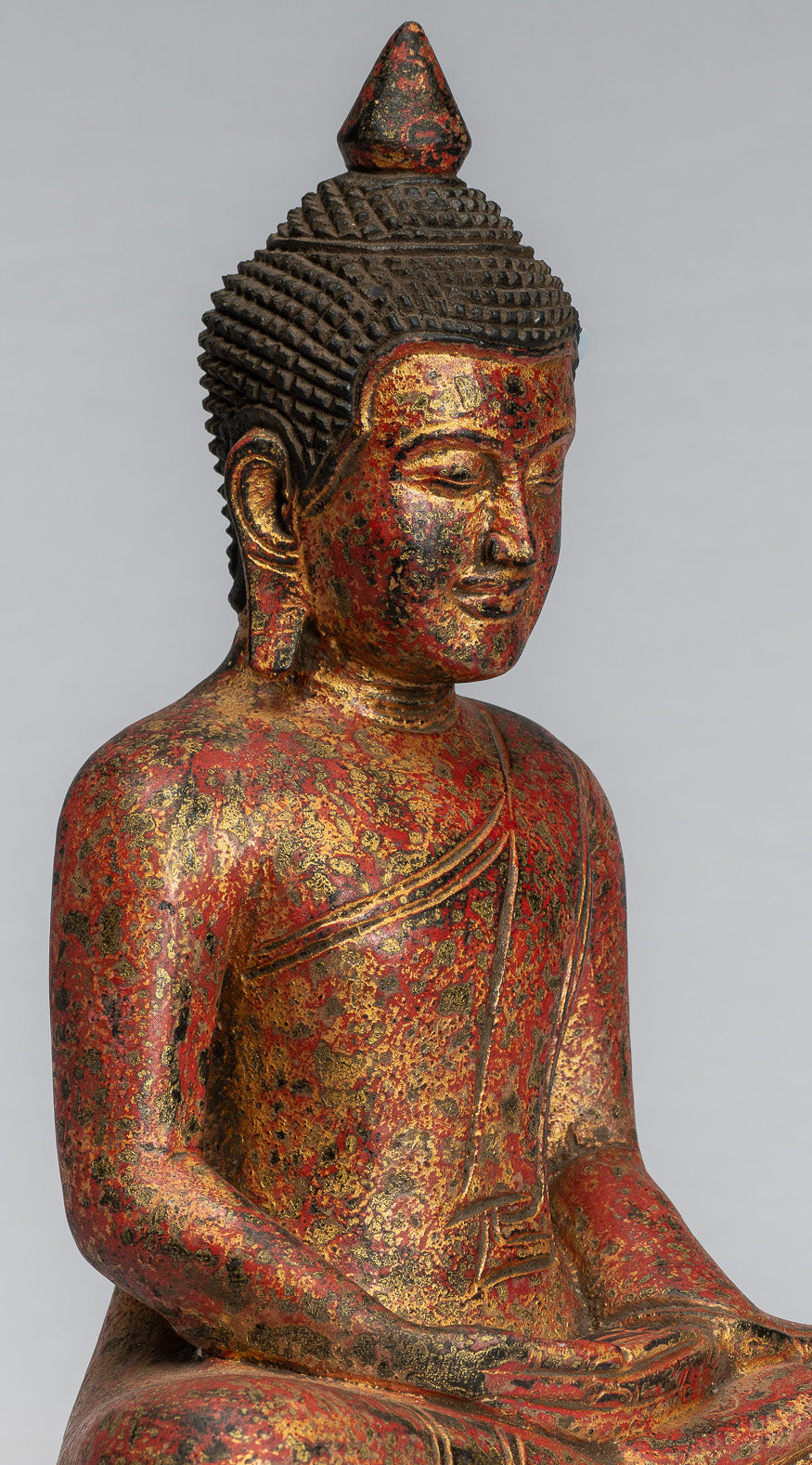 Sculpture de Bouddha – Statue de Bouddha assis en bois de style khmer antique Dhyana Méditation Mudra – 31 cm/12"