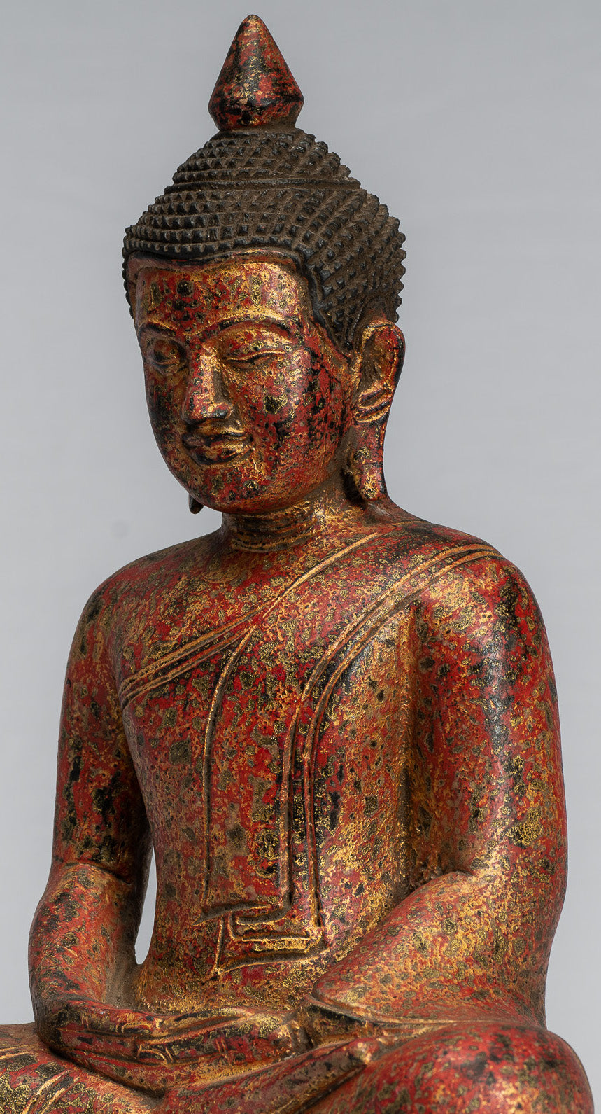 Sculpture de Bouddha – Statue de Bouddha assis en bois de style khmer antique Dhyana Méditation Mudra – 31 cm/12"